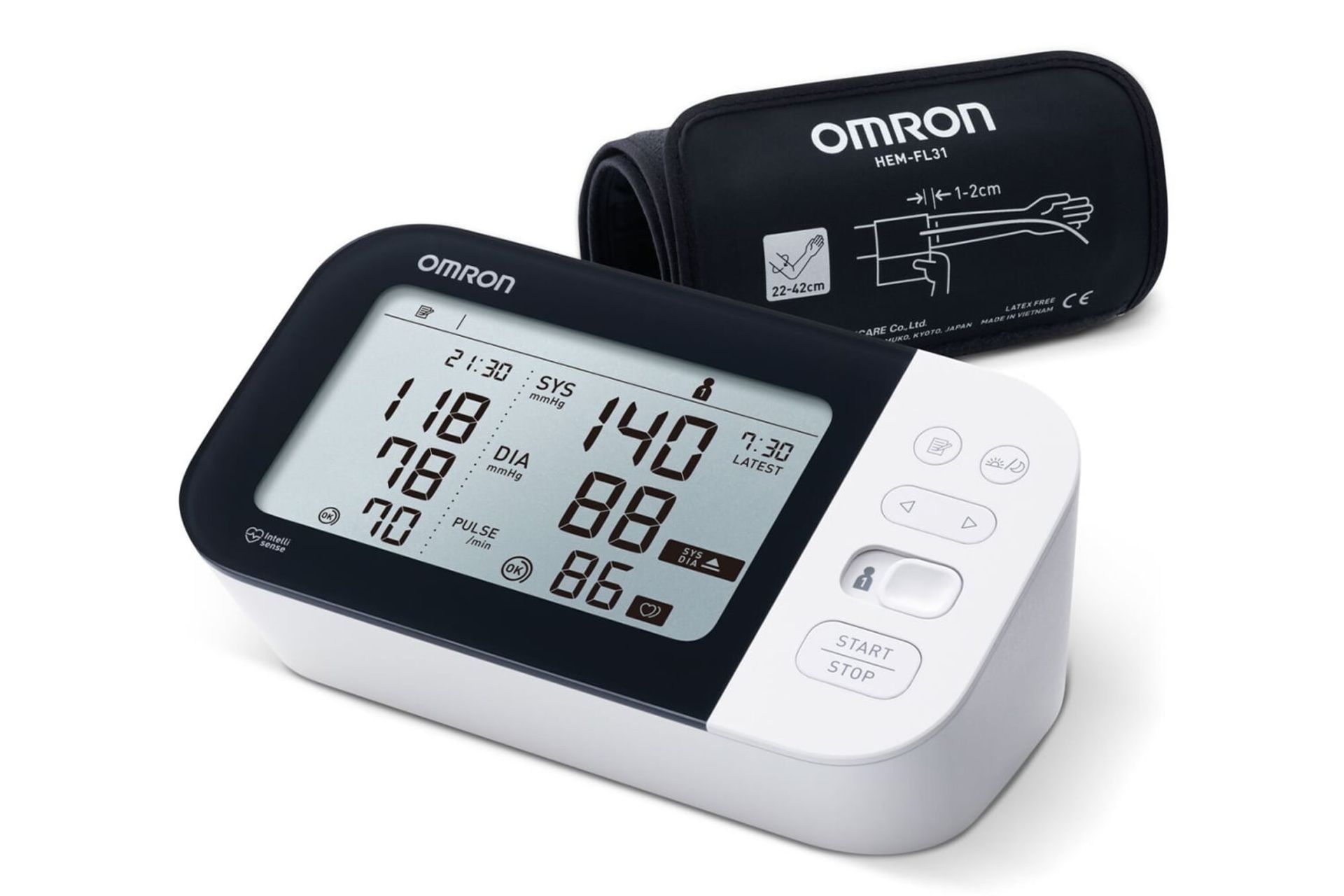 نمای کلی دستگاه فشار خون امرون M7 Intelli IT با نمایشگر روشن، نمایش کاف و لوگو