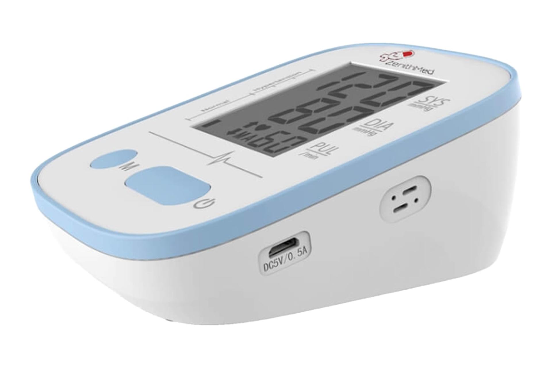 نمای نیمرخ دستگاه فشار خون زنیت مد LD-521 با نمایش درگاه آداپتور و حفره اسپیکر