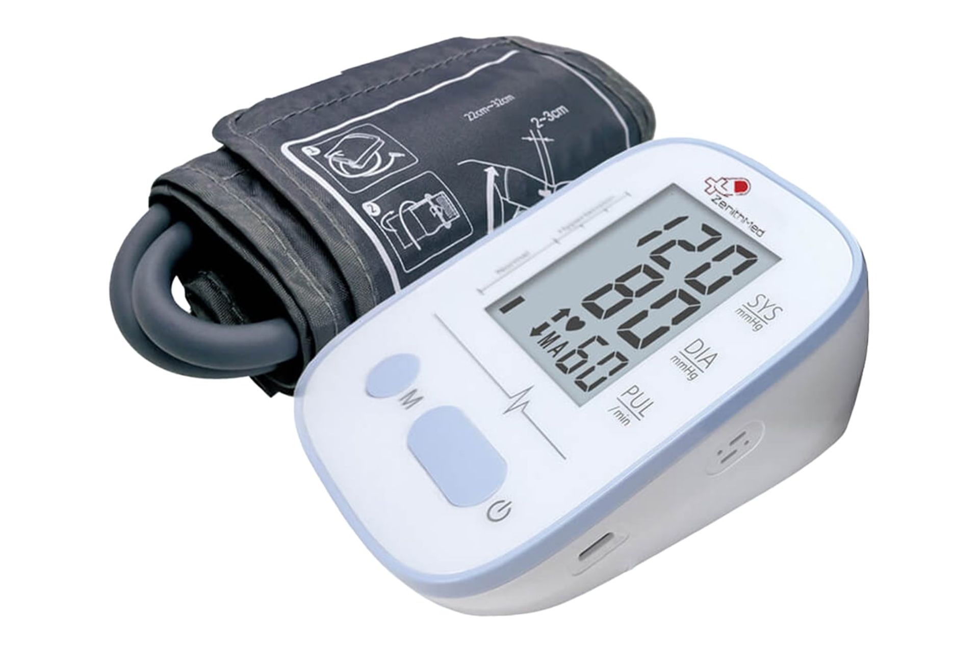 نمای کلی دستگاه فشار خون زنیت مد LD-521 با نمایشگر روشن، نمایش کاف و لوگو