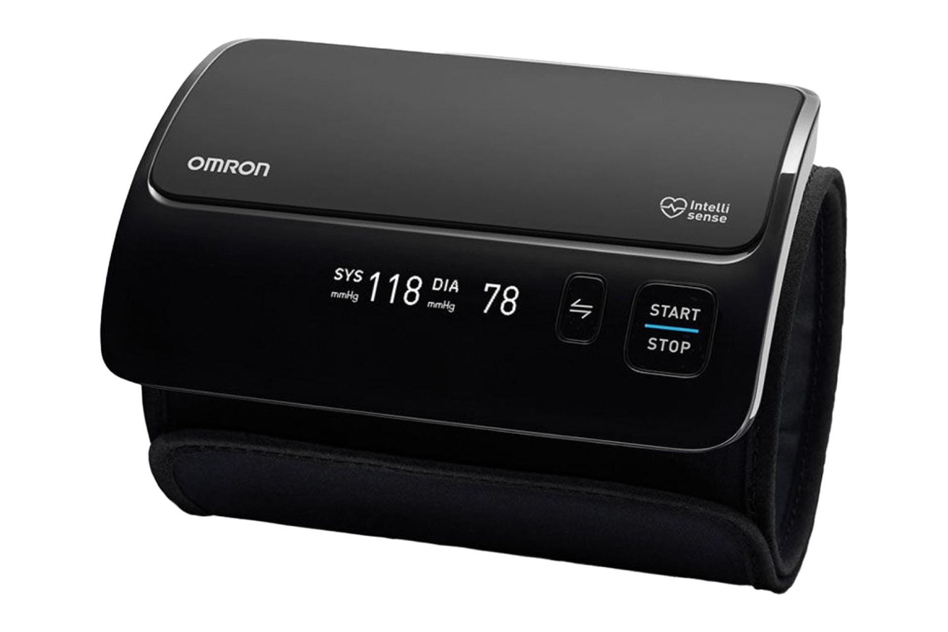 نمای کلی دستگاه فشار خون امرون EVOLV با نمایشگر روشن، نمایش کاف و لوگو