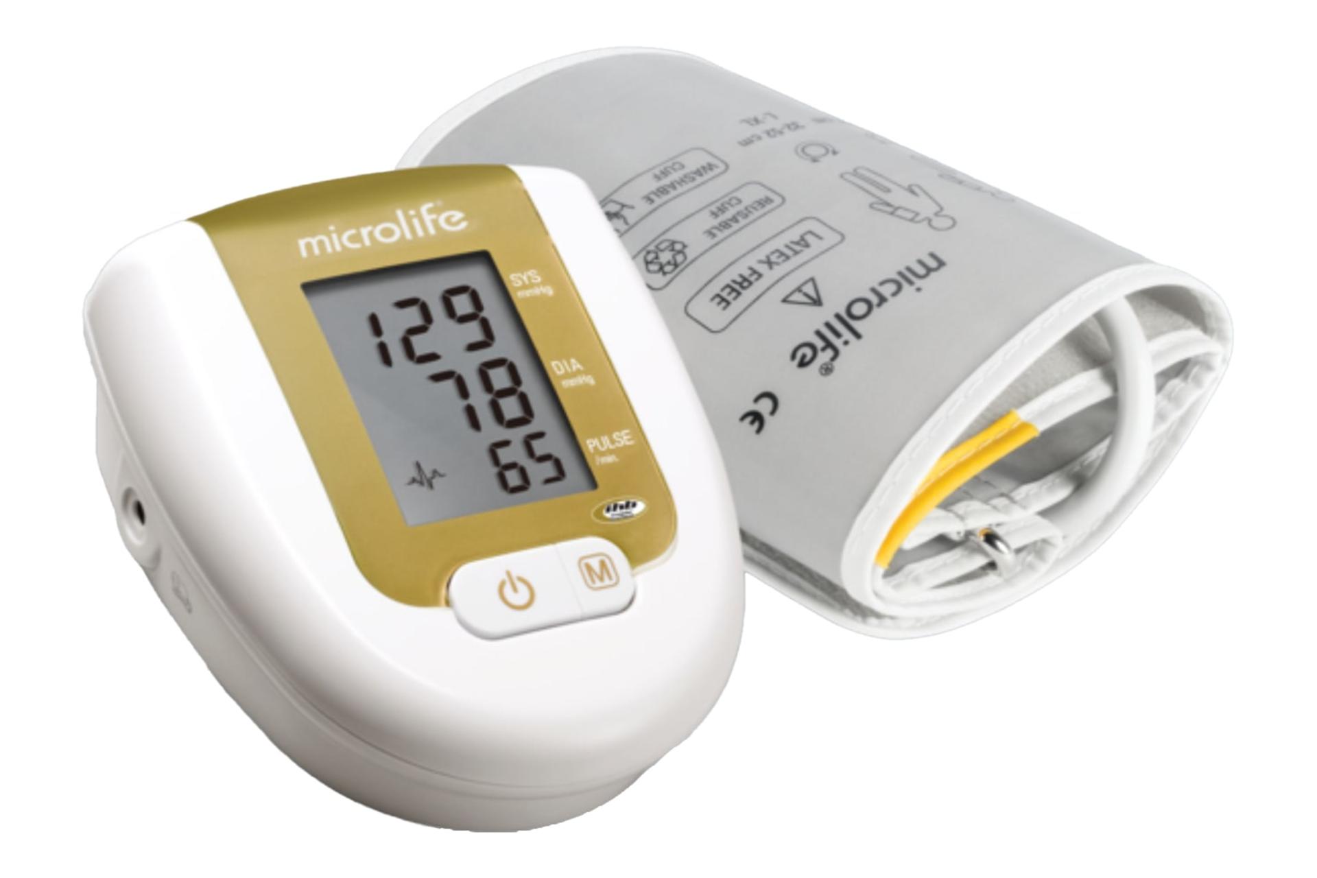 نمای کلی دستگاه فشار خون مایکرولایف BP 3AG1 Gold با نمایشگر روشن، نمایش کاف و لوگو