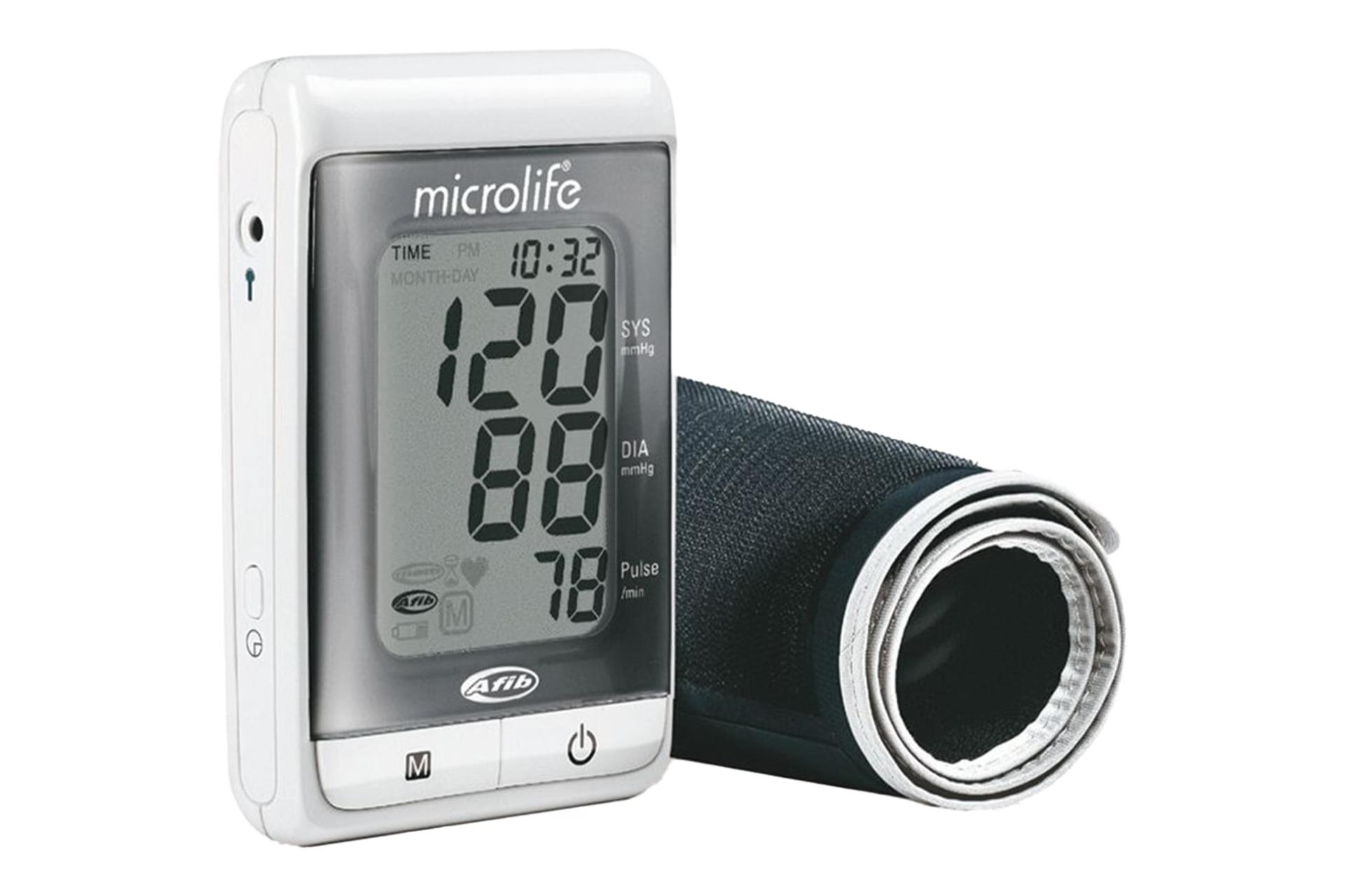 نمای کلی دستگاه فشار خون مایکرولایف BP A200 AFIB با نمایشگر روشن، نمایش کاف و لوگو