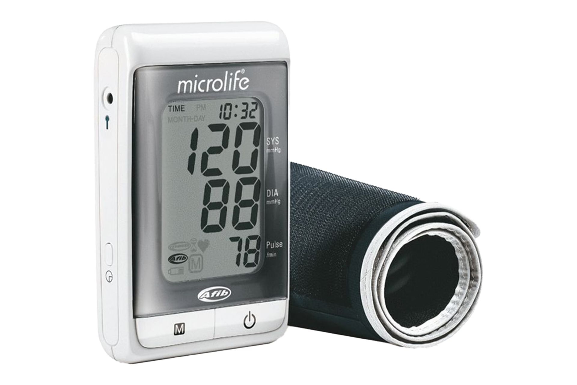 نمای کلی دستگاه فشار خون مایکرولایف BP A200 AFIB با نمایشگر روشن، نمایش کاف و لوگو