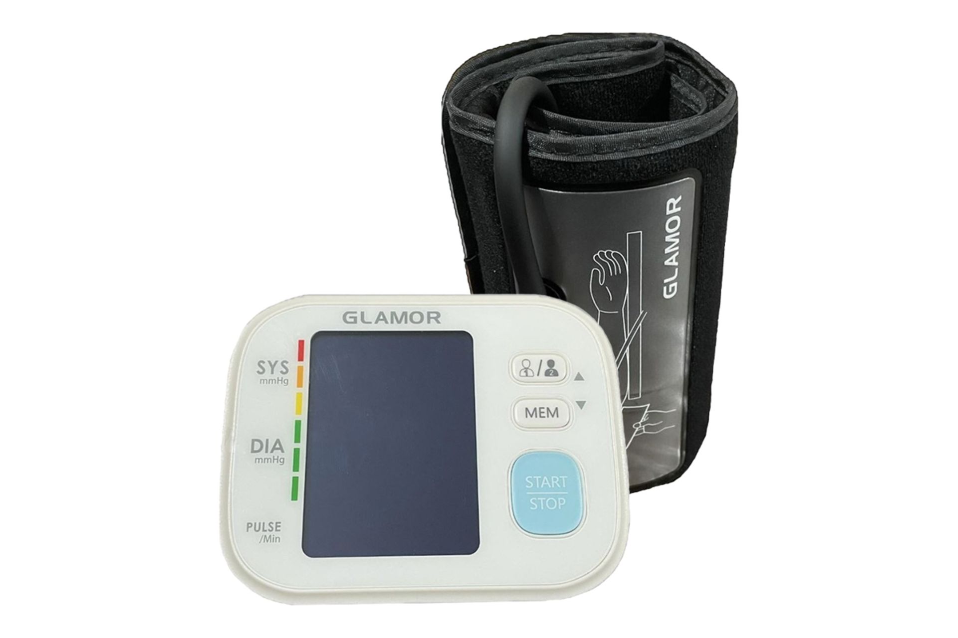 نمای کلی دستگاه فشار خون گلامور TMB-987 NEW با نمایش لوگو، نمایشگر و کاف