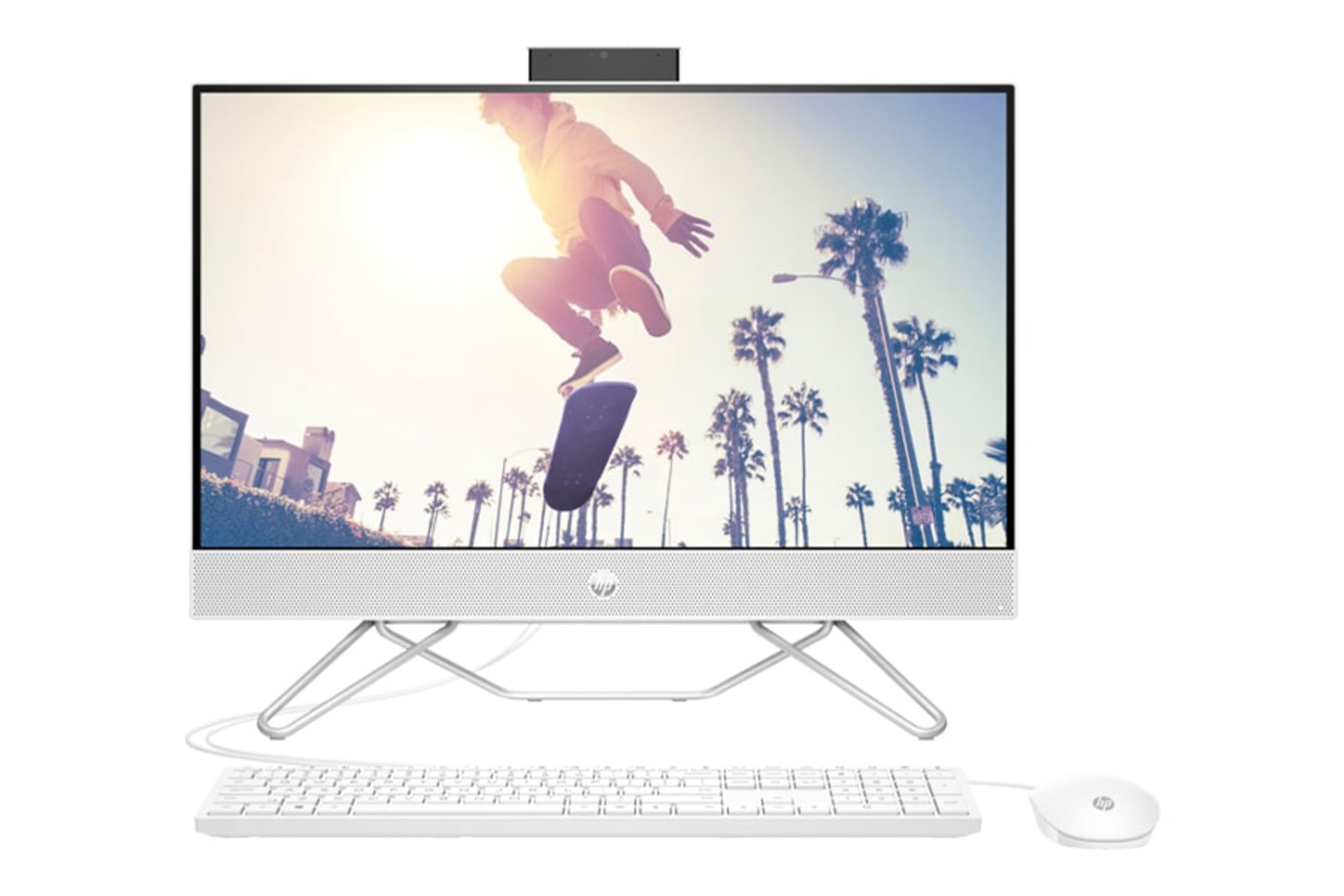 نمای رو به روی کامپیوتر همه کاره 24-cb1445nh اچ پی با نمایشگر روشن و نمایش ماوس و کیبورد