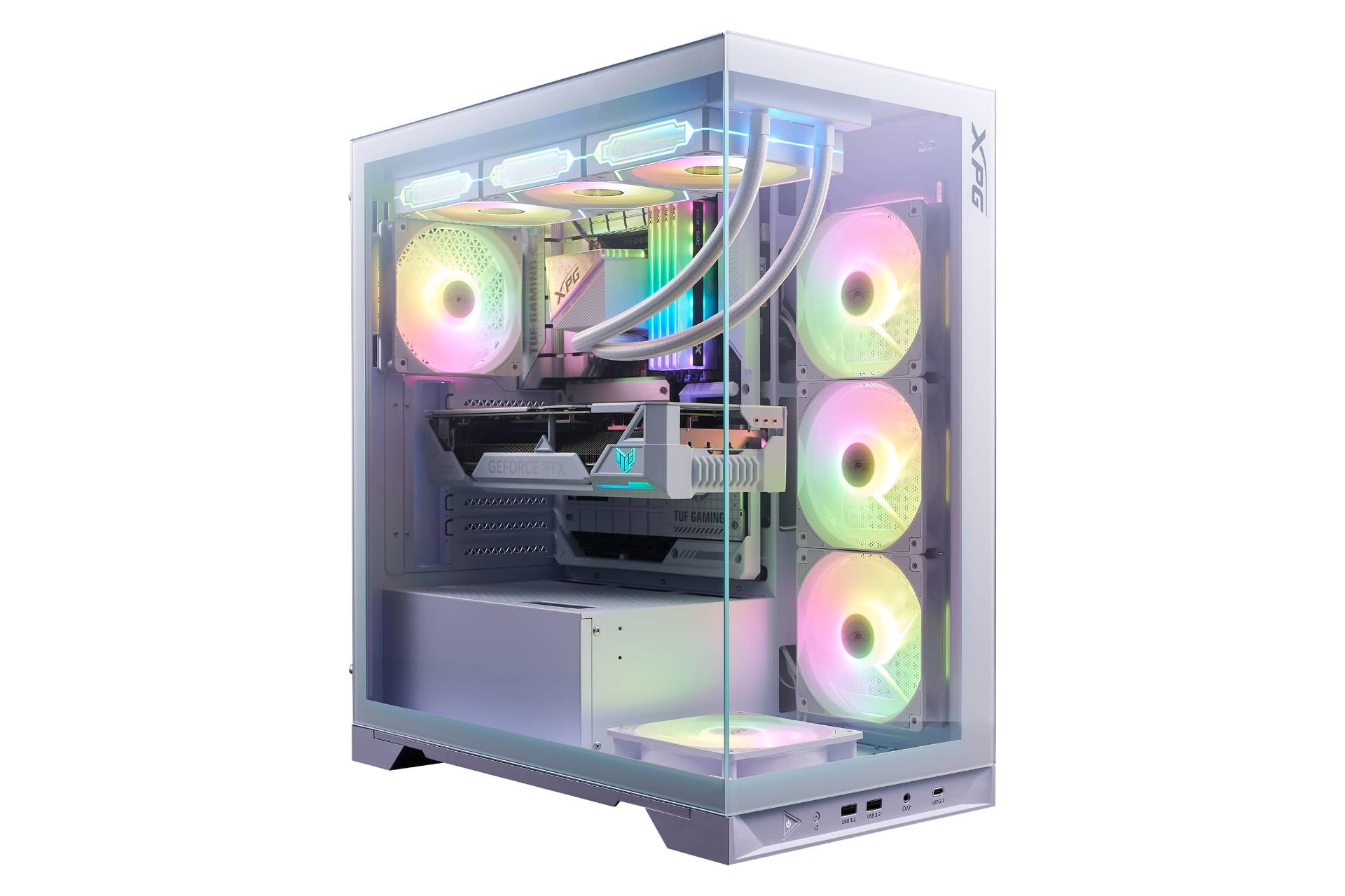 نمای نیمرخ کیس کامپیوتر ای دیتا XPG INVADER X BTF با نمایش پنل جلو و سمت چپ رنگ سفید