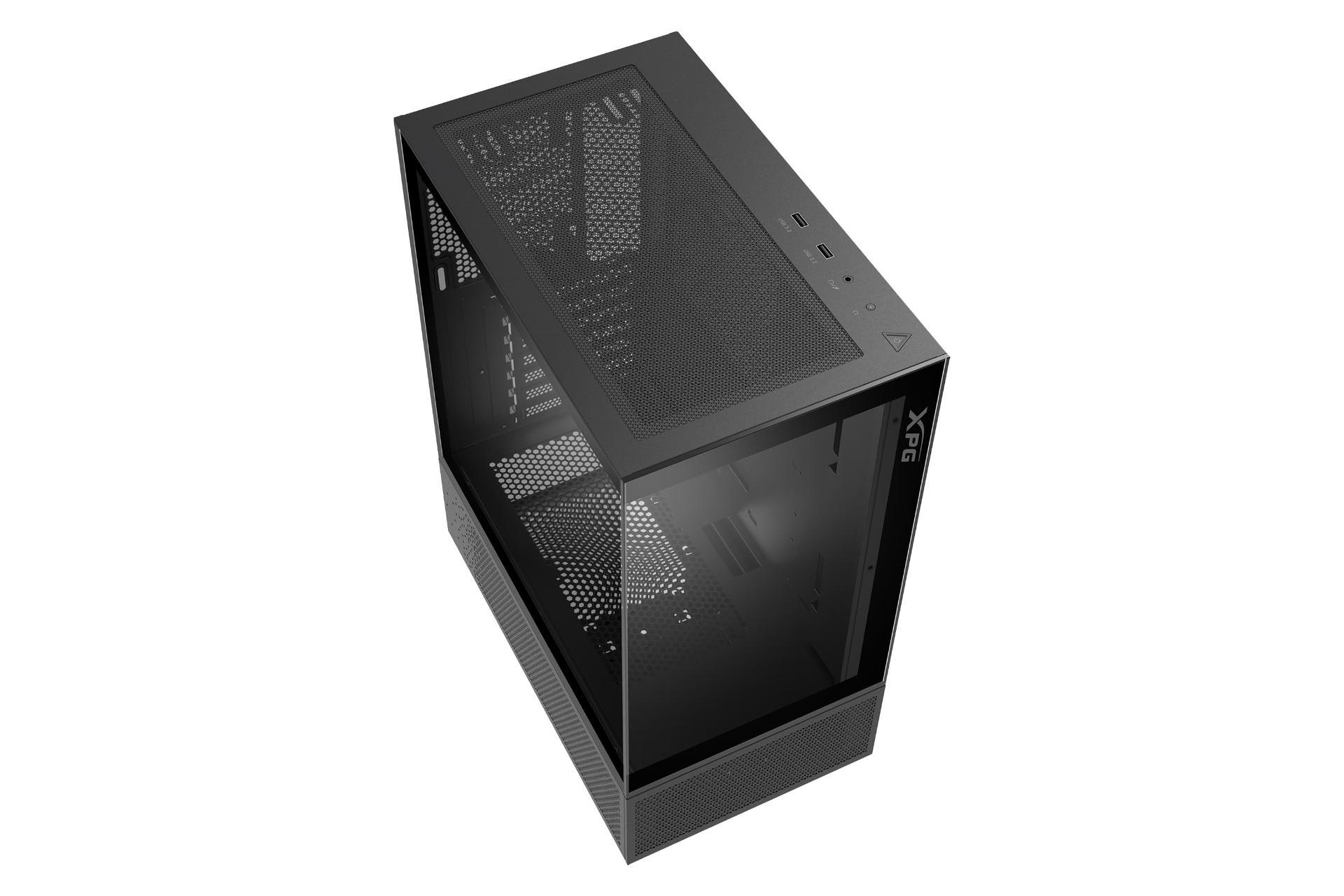 نمای کلی کیس کامپیوتر ای دیتا XPG INVADER X MINI با نمایش درگاه و دکمه‌های پنل بالا رنگ مشکی