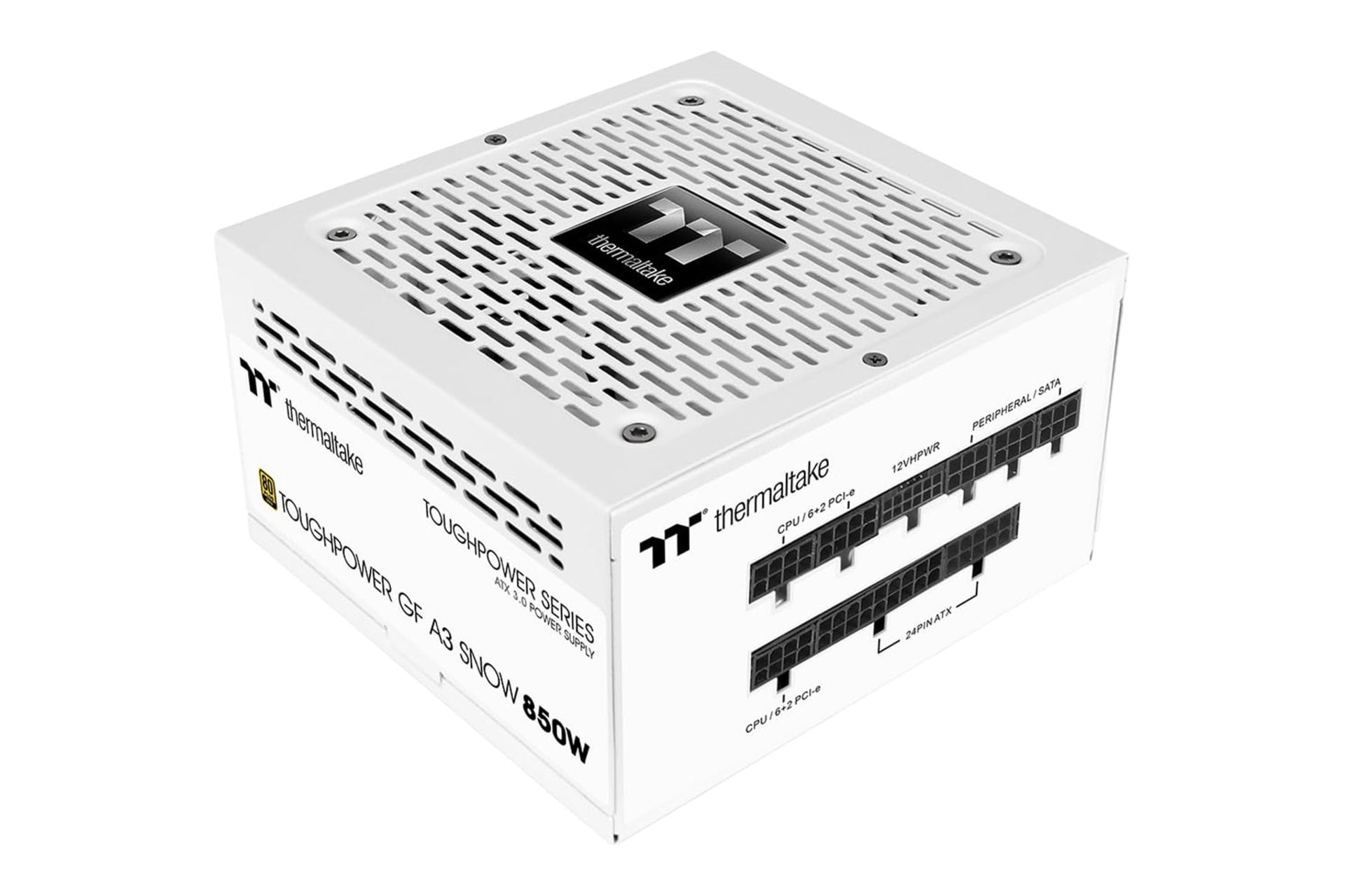 نمای نیمرخ پاور کامپیوتر ترمالتیک Toughpower GF A3 Snow - TT Premium Edition با توان 850 وات با نمایش کانکتورها، فن و لوگو