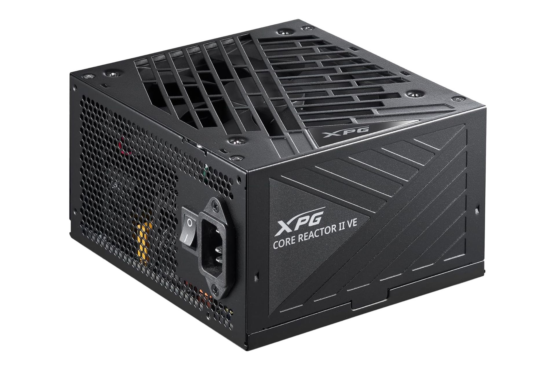 نمای نیمرخ پاور کامپیوتر ای دیتا XPG CORE REACTOR II VE با توان 850 وات با نمایش فن، سوییچ و درگاه برق