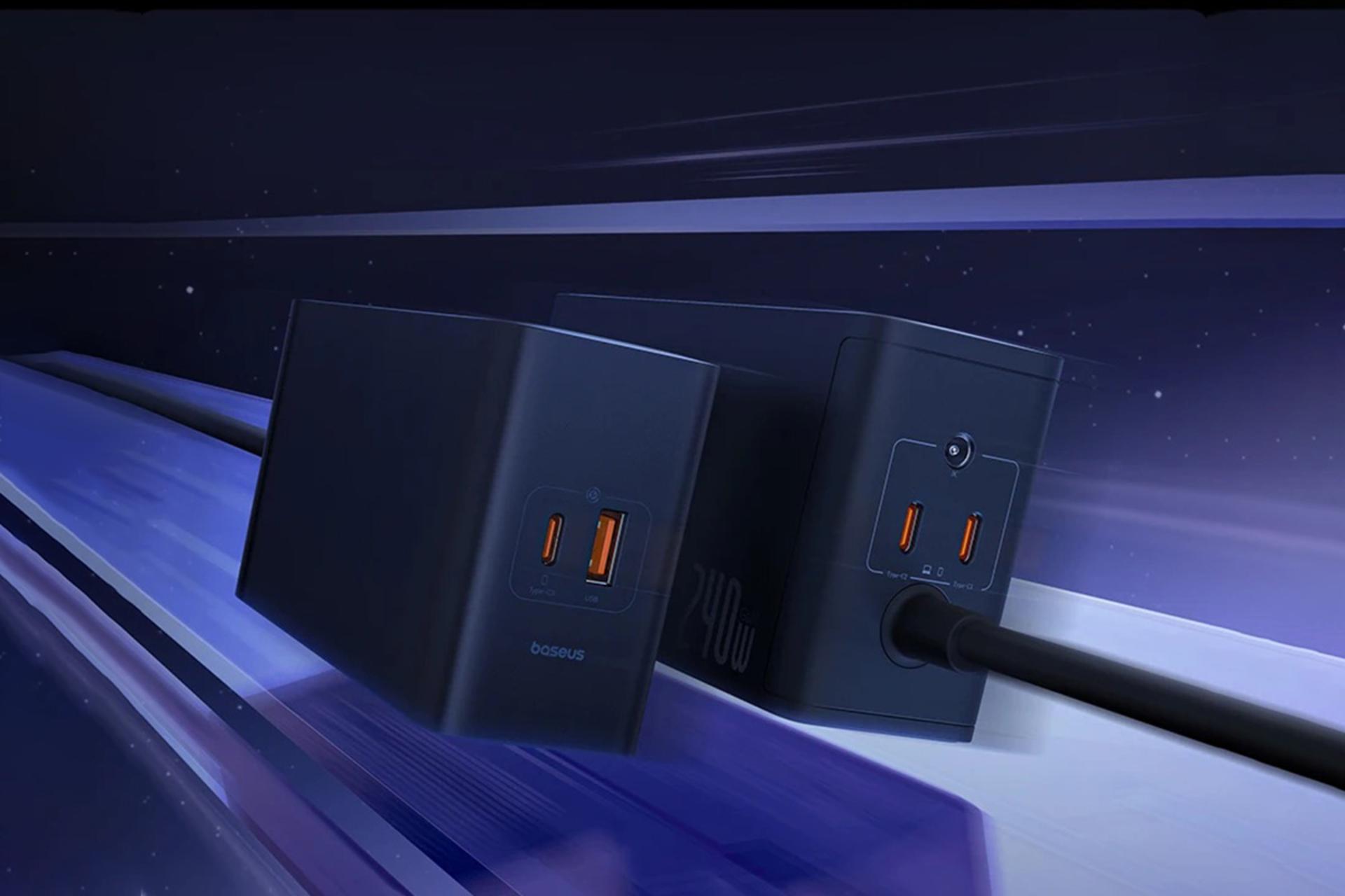 نمای کناری شارژر باسئوس Baseus CCGAN240CE With Type-C And DC Cable