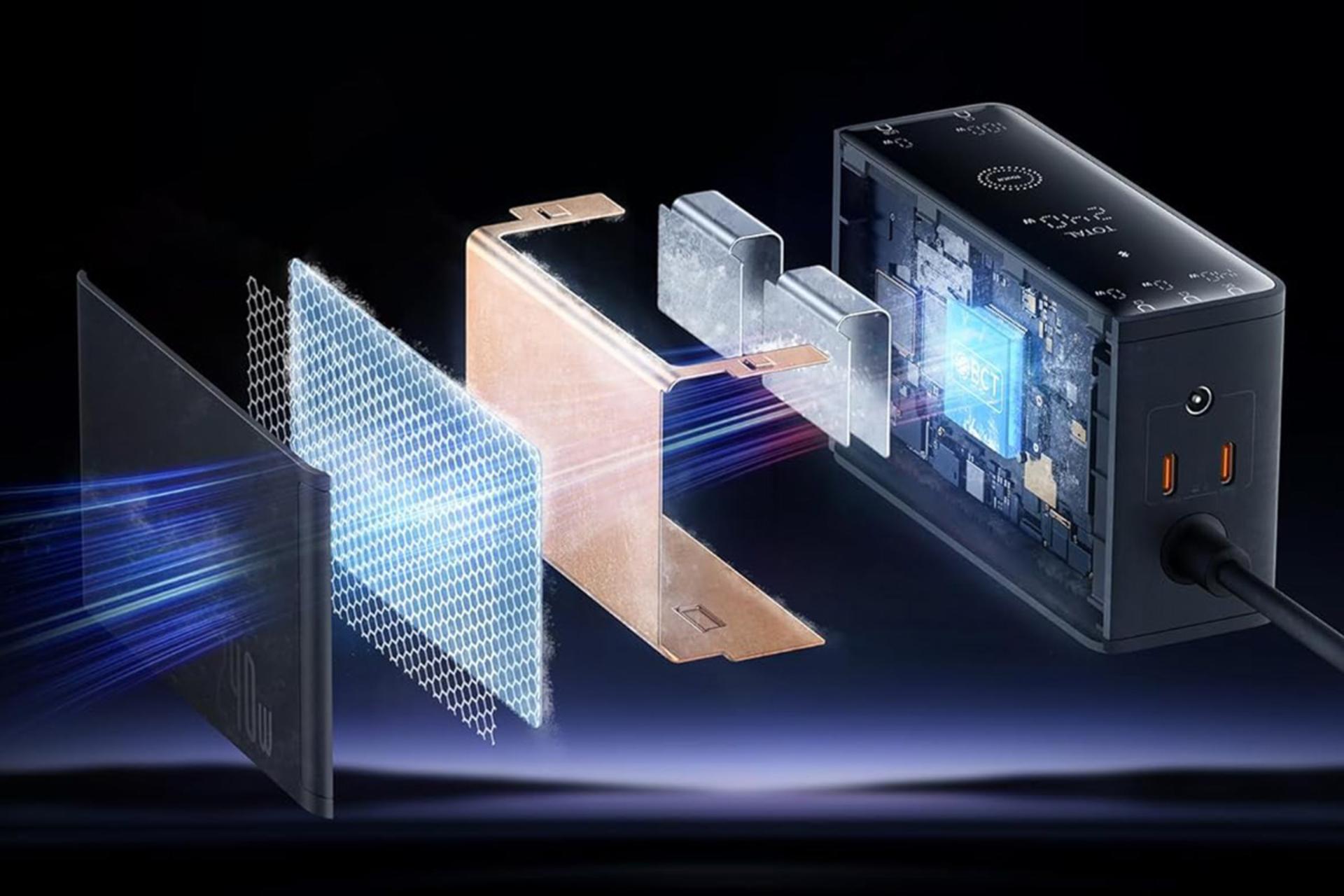 نمای داخلی شارژر باسئوس Baseus CCGAN240CE With Type-C And DC Cable