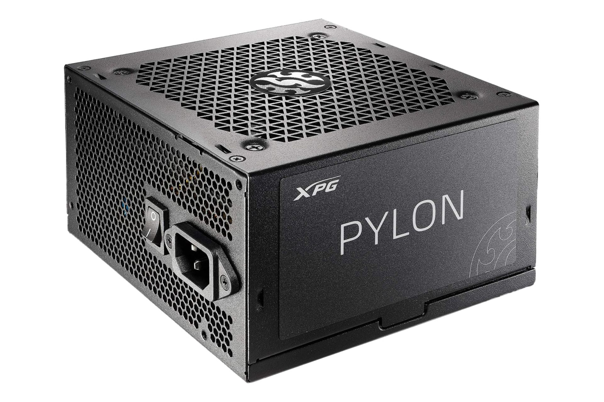 نمای نیمرخ پاور کامپیوتر ای دیتا XPG PYLON با توان 650 وات با نمایش پنل کناری، پشت و زیر