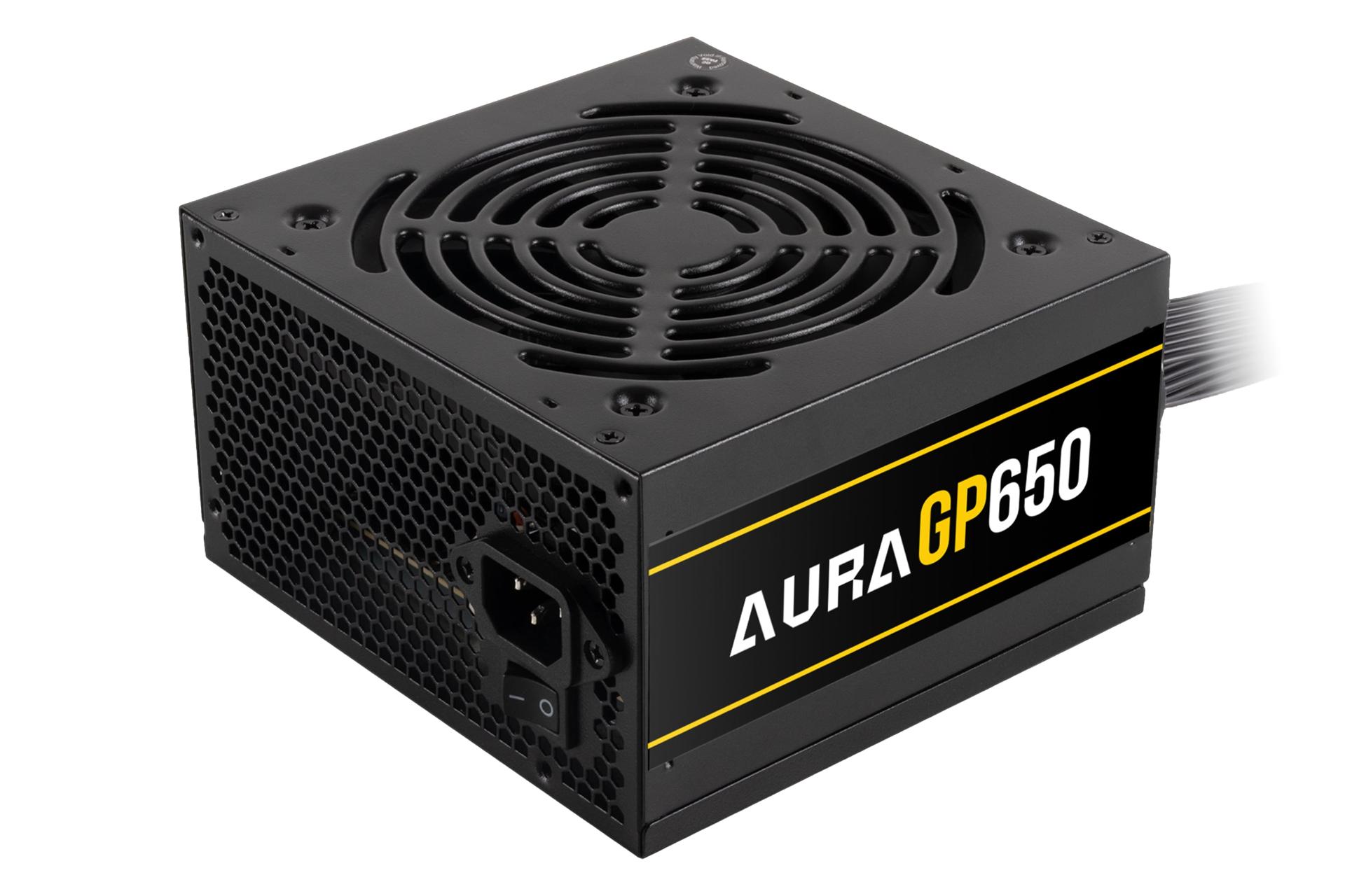 نمای نیمرخ پاور کامپیوتر گیم دیاس AURA GP650 با توان 650 وات با نمایش پنل پشت، کناری و فن