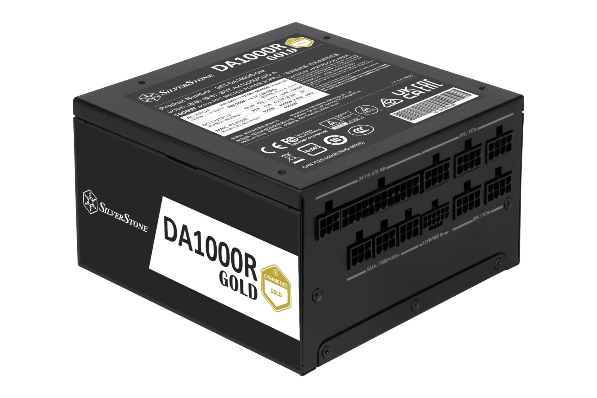 نمای نیمرخ پاور کامپیوتر سیلور استون DA1000R Gold با توان 1000 وات با نمایش پنل کناری و درگاه‌ها پنل پشت