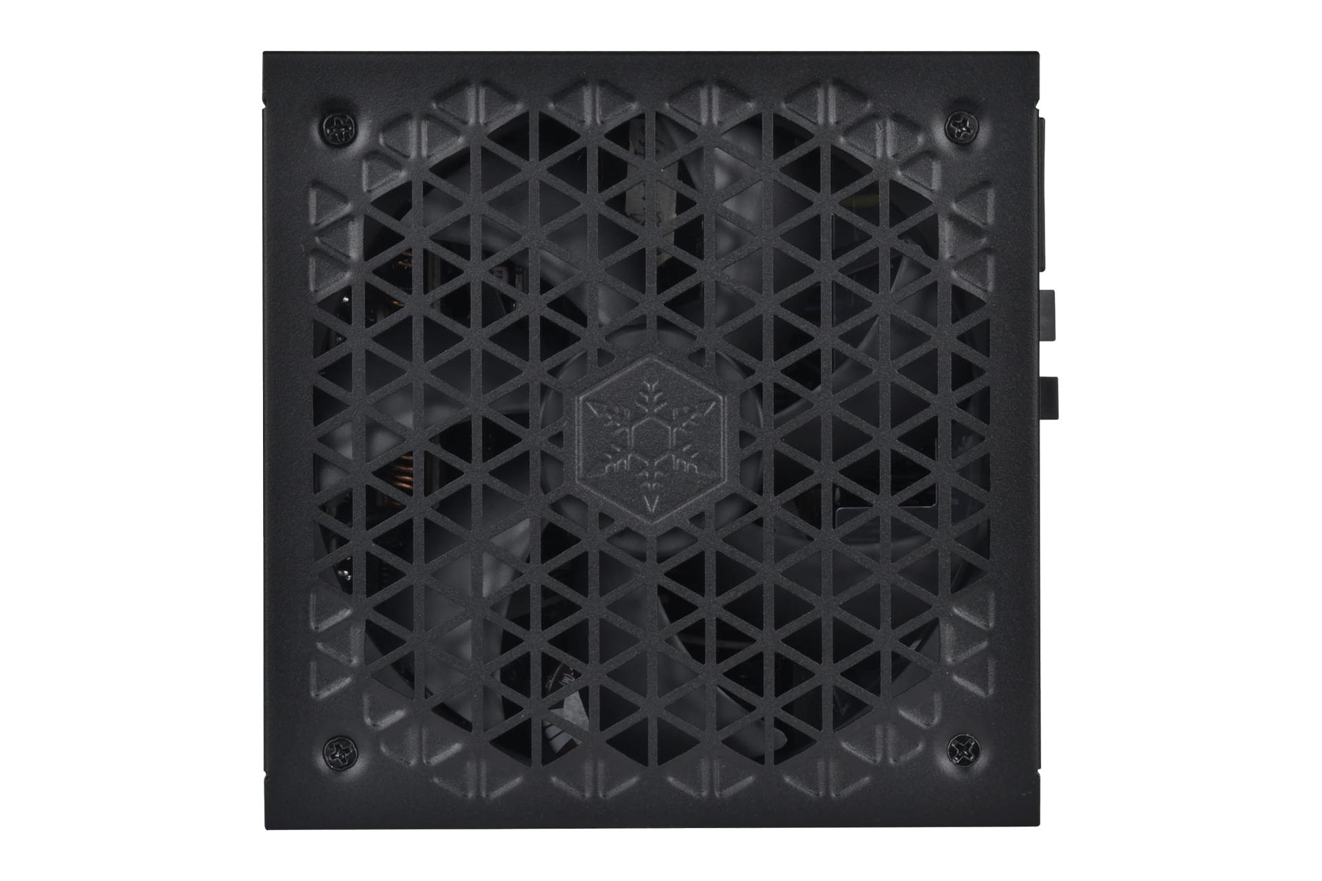 نمای پنل زیر پاور کامپیوتر سیلور استون DA1000R Gold با توان 1000 وات با نمایش فن و لوگو