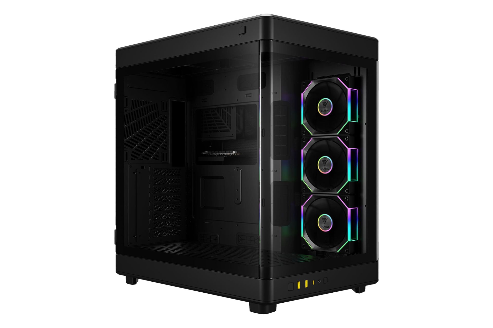 نمای نیمرخ کیس کامپیوتر گیم دیاس NESO P1 PRO با نمایش پنل جلو و سمت چپ رنگ مشکی