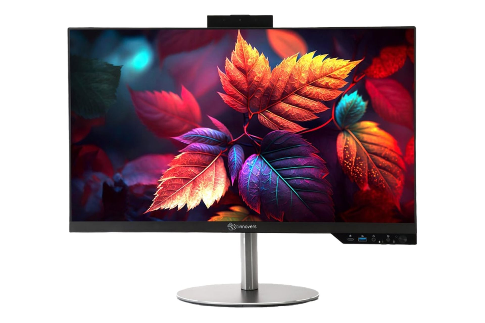 نمای پنل جلوی کامپیوتر همه کاره Q2414 اینوورس با نمایشگر روشن و نمایش درگاه‌ها و وبکم رنگ مشکی