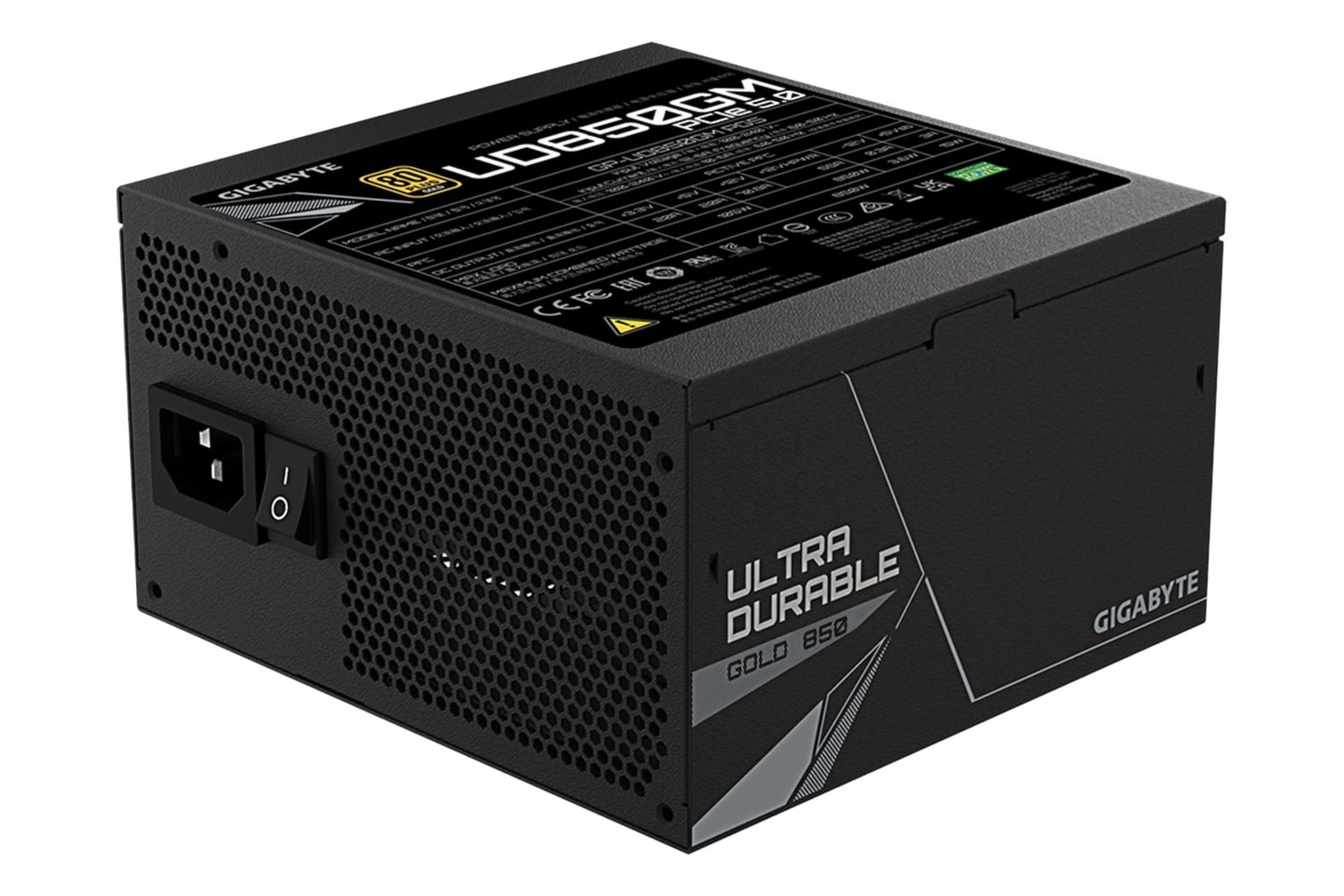 نمای نیمرخ پاور کامپیوتر گیگابایت UD850GM PG5 (rev. 1.0) با توان 850 وات با نمایش پنل کناری و برچسب اطلاعات
