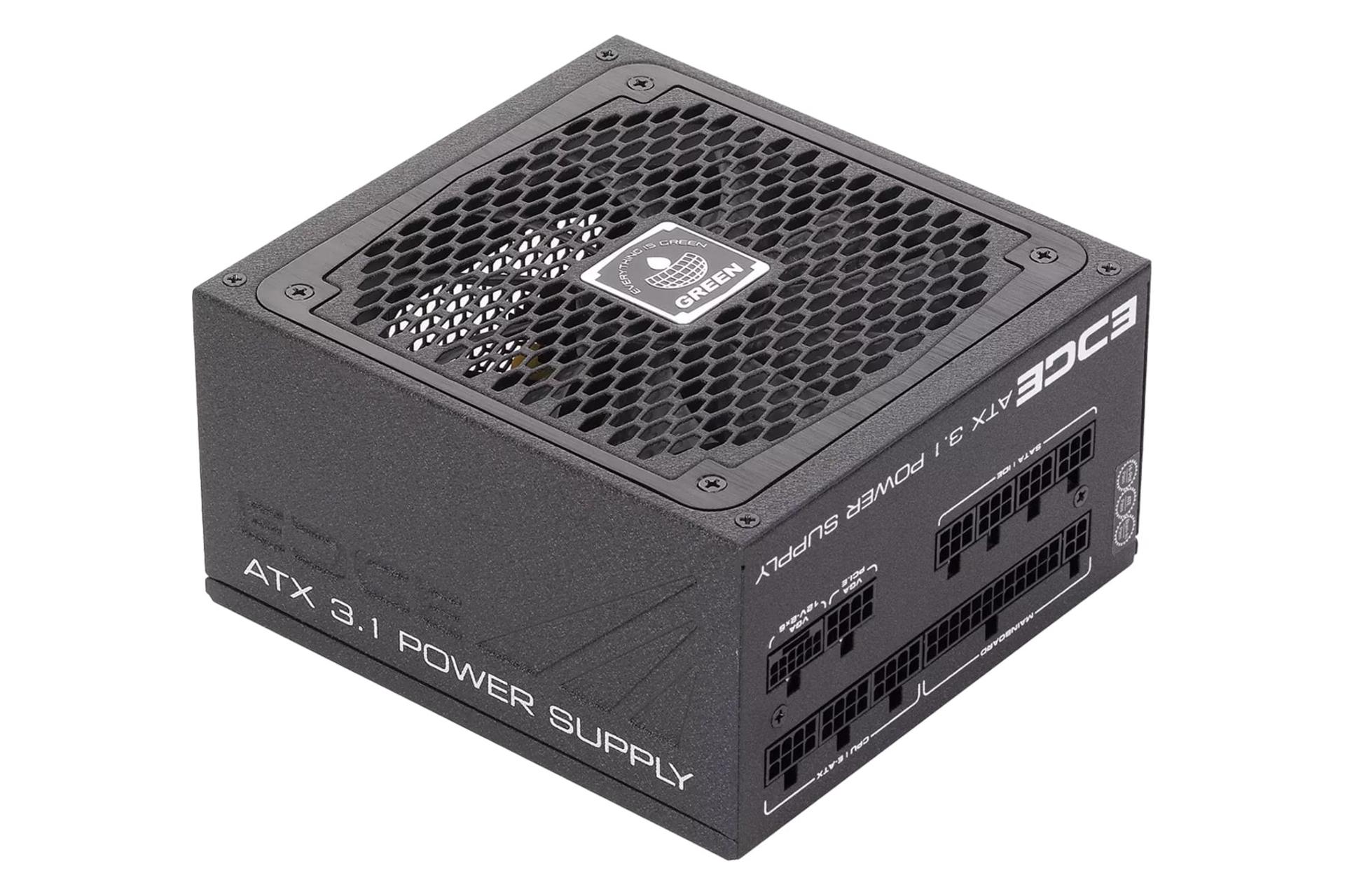 نمای نیمرخ پاور کامپیوتر گرین GP850B-EDGE با توان 850 وات با نمایش فن و اتصالات