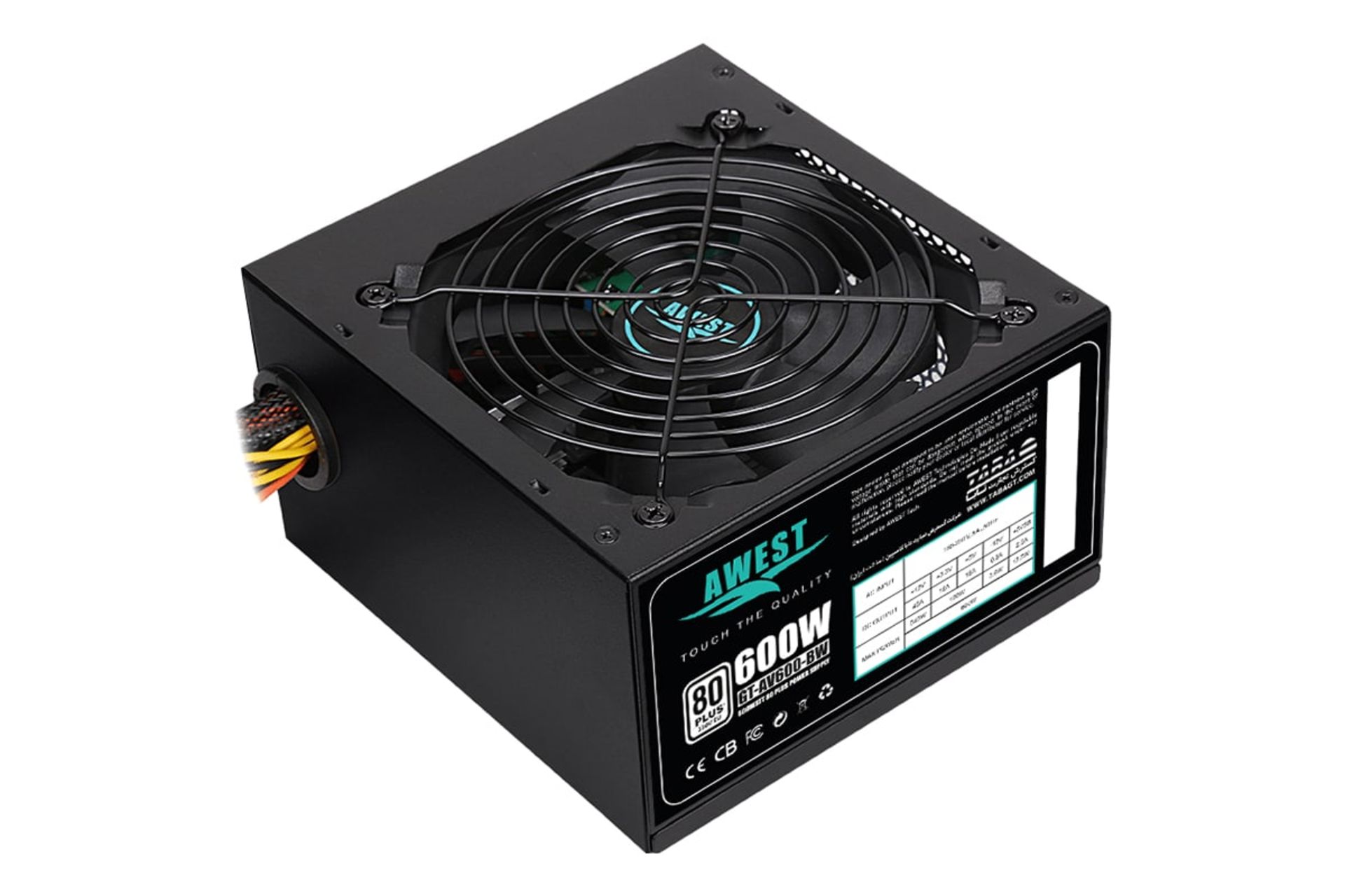 نمای نیمرخ پاور کامپیوتر اوست AV600-BW با توان 600 وات با نمایش فن و پنل کناری