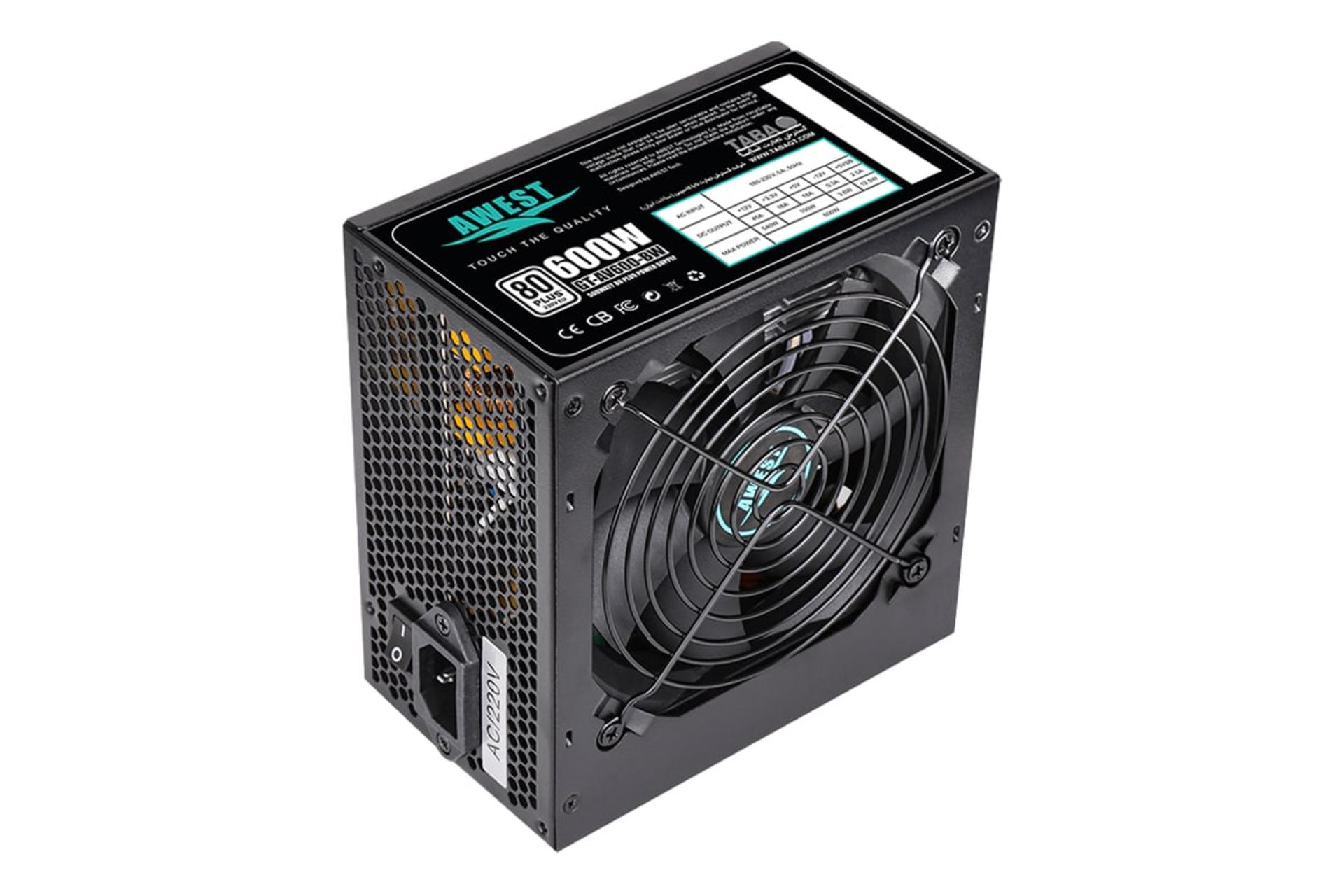 نمای نیمرخ پاور کامپیوتر اوست AV600-BW با توان 600 وات با نمایش فن، لوگو و درگاه برق