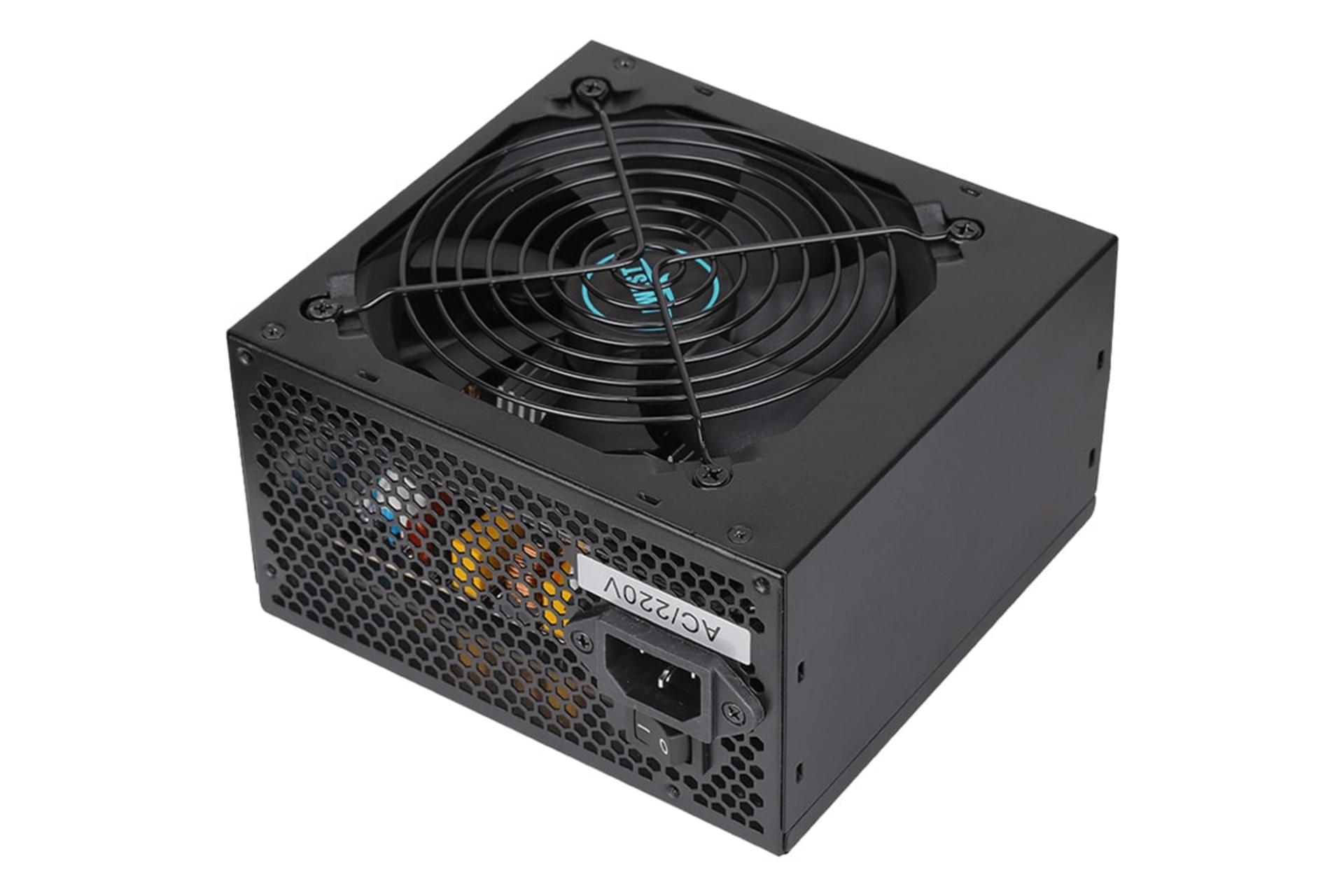 نمای نیمرخ پاور کامپیوتر اوست AV600-BW با توان 600 وات با نمایش فن و پنل پشت