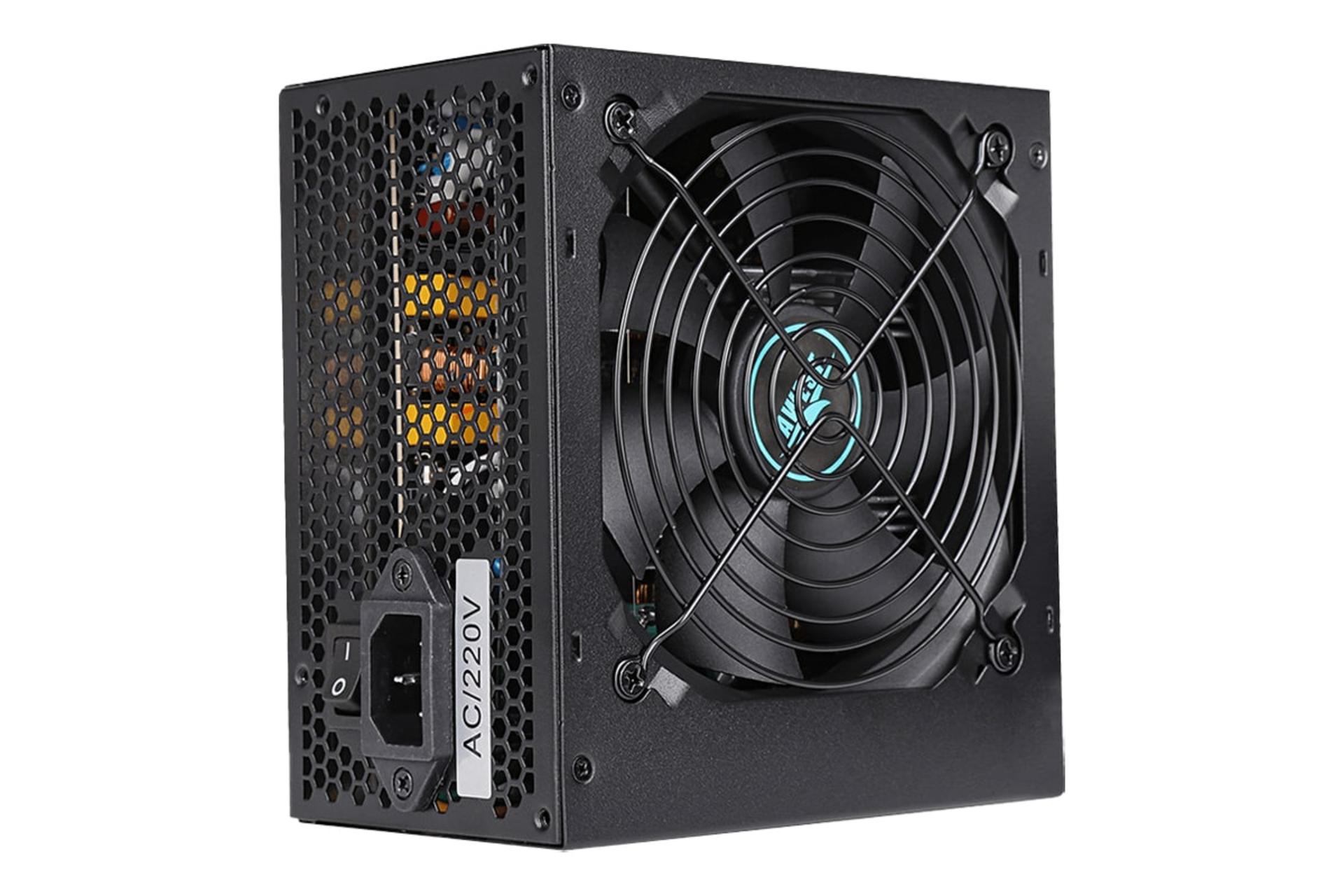 نمای نیمرخ پاور کامپیوتر اوست AV600-BW با توان 600 وات با نمایش فن و لوگو