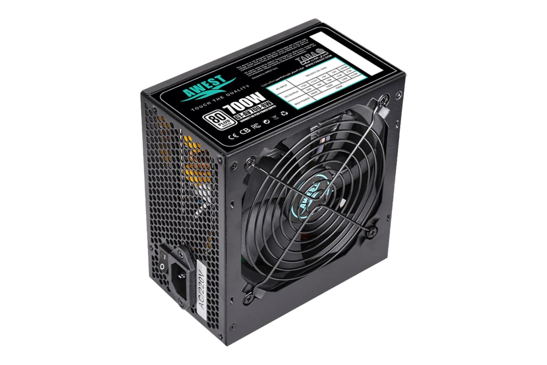 نمای نیمرخ پاور کامپیوتر اوست AV700-BW با توان 700 وات با نمایش فن و برچسب اطلاعات