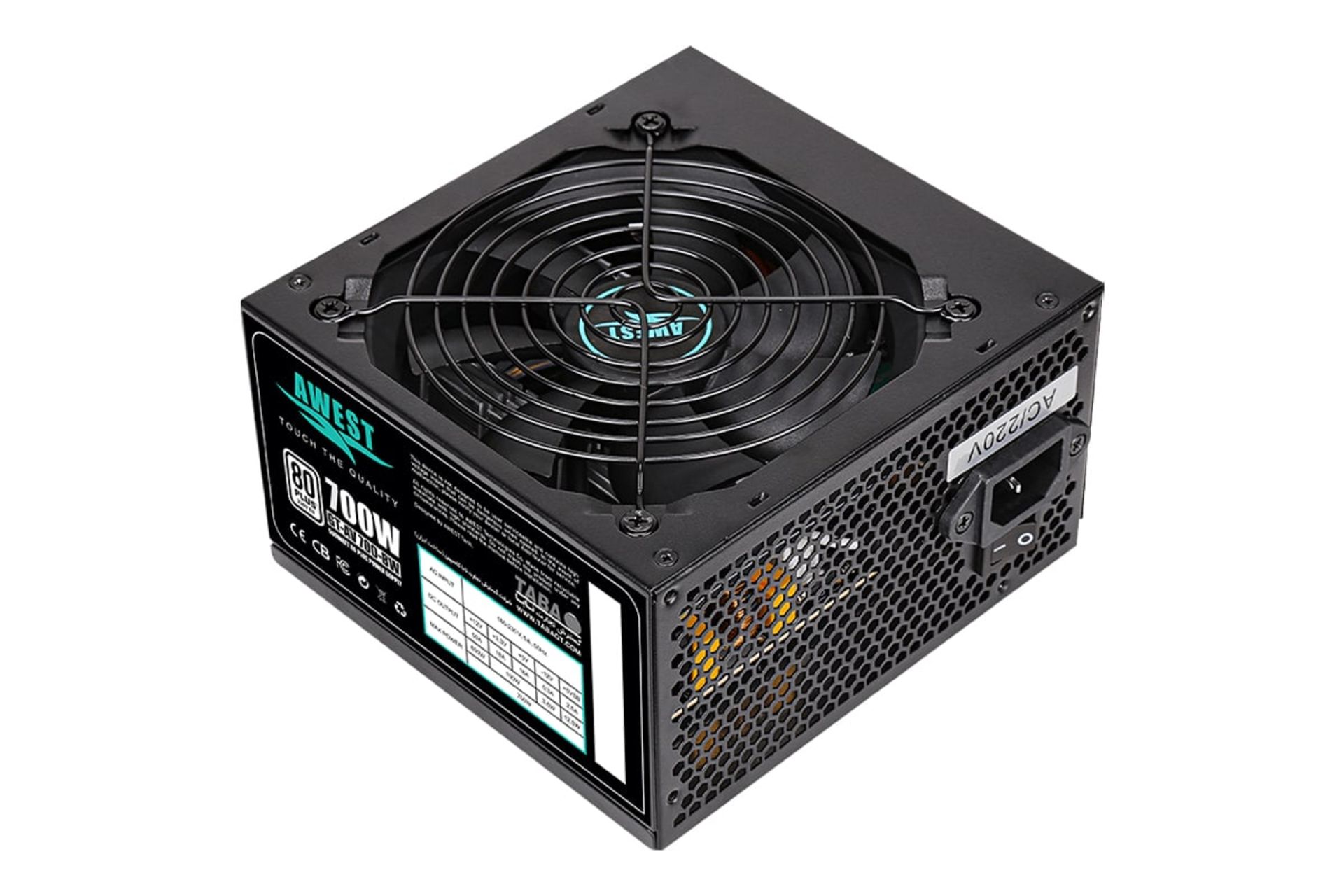 نمای نیمرخ پاور کامپیوتر اوست AV700-BW با توان 700 وات با نمایش فن، لوگو و درگاه برق