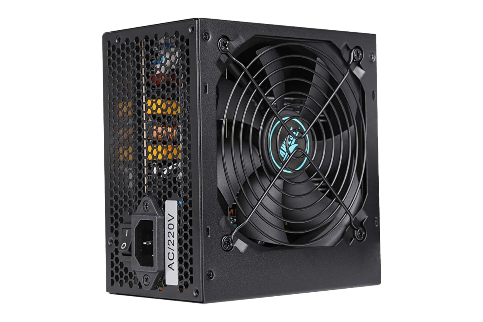 نمای نیمرخ پاور کامپیوتر اوست AV700-BW با توان 700 وات با نمایش فن و لوگو