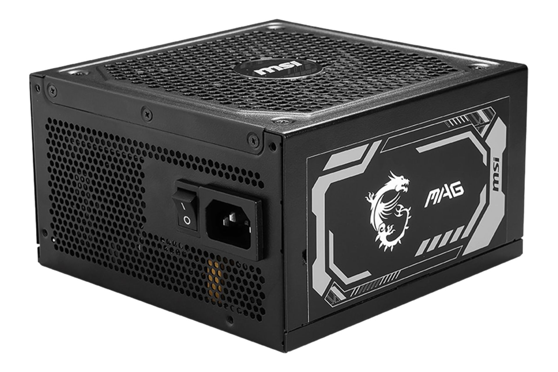 نمای نیمرخ پاور کامپیوتر ام اس آی MAG A1000GL PCIE5 با توان 1000 وات با نمایش لوگو پنل کناری و درگاه برق پنل پشت