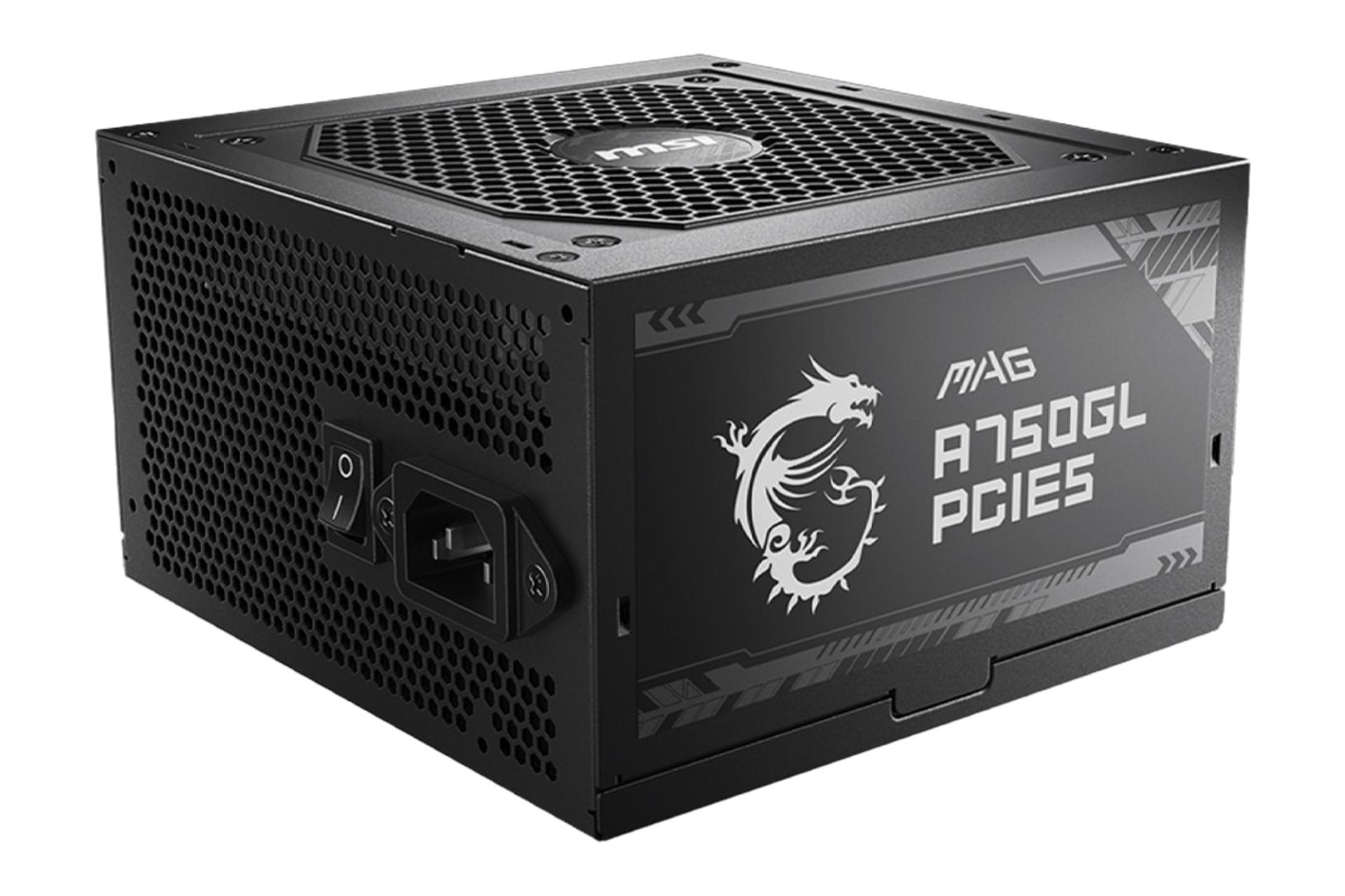 نمای نیمرخ پاور کامپیوتر ام اس آی MAG A750GL PCIE5 با توان 750 وات با نمایش لوگو پنل کناری و درگاه برق پنل پشت