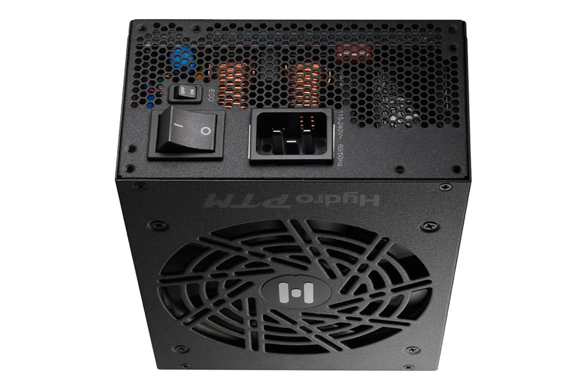 نمای پنل پشت پاور کامپیوتر اف اس پی HYDRO PTM PRO ATX3.1 با توان 1350 وات با نمایش فن و درگاه برق
