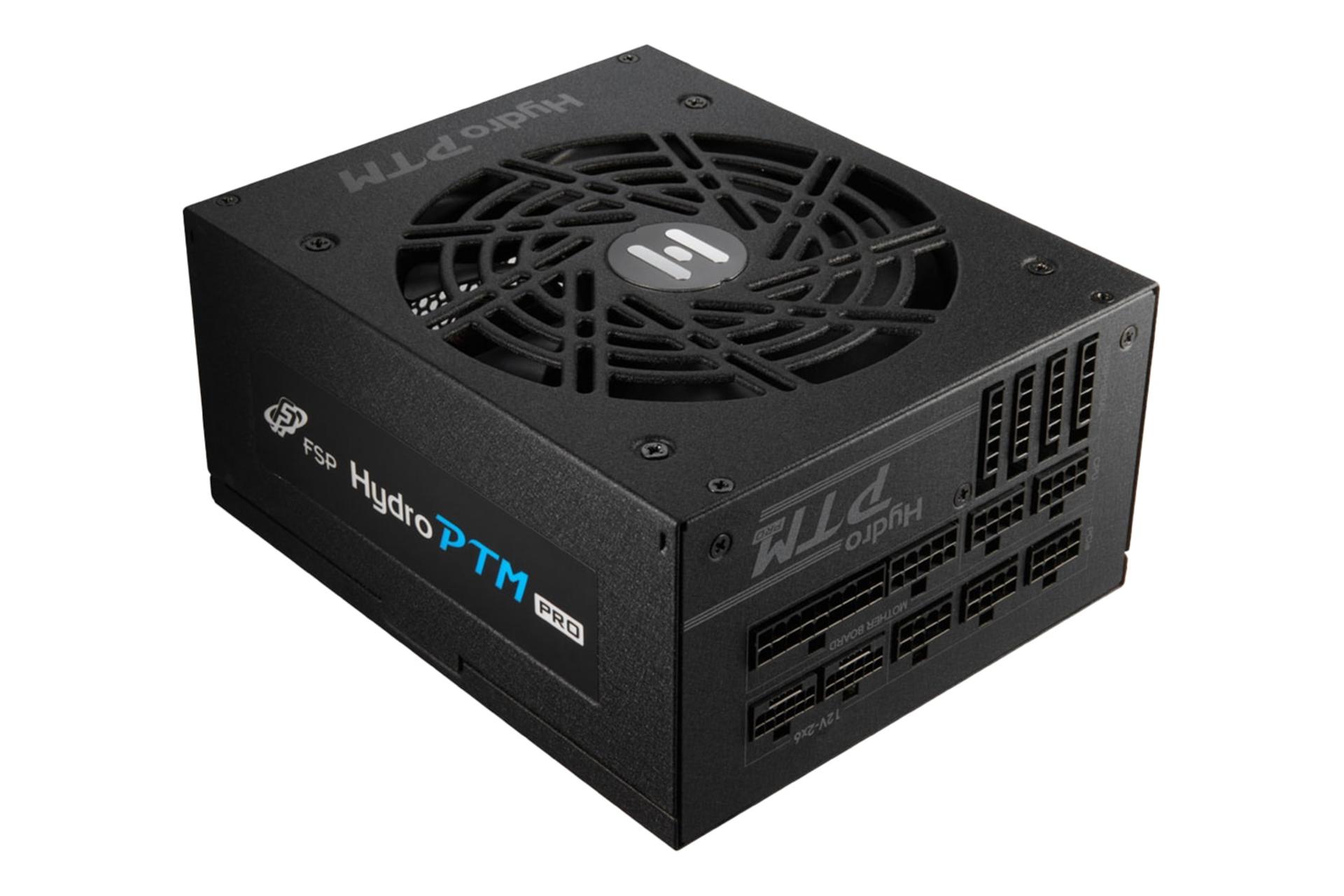نمای نیمرخ پاور کامپیوتر اف اس پی HYDRO PTM PRO ATX3.1 با توان 1350 وات با نمایش لوگوی پنل کناری و اتصالات