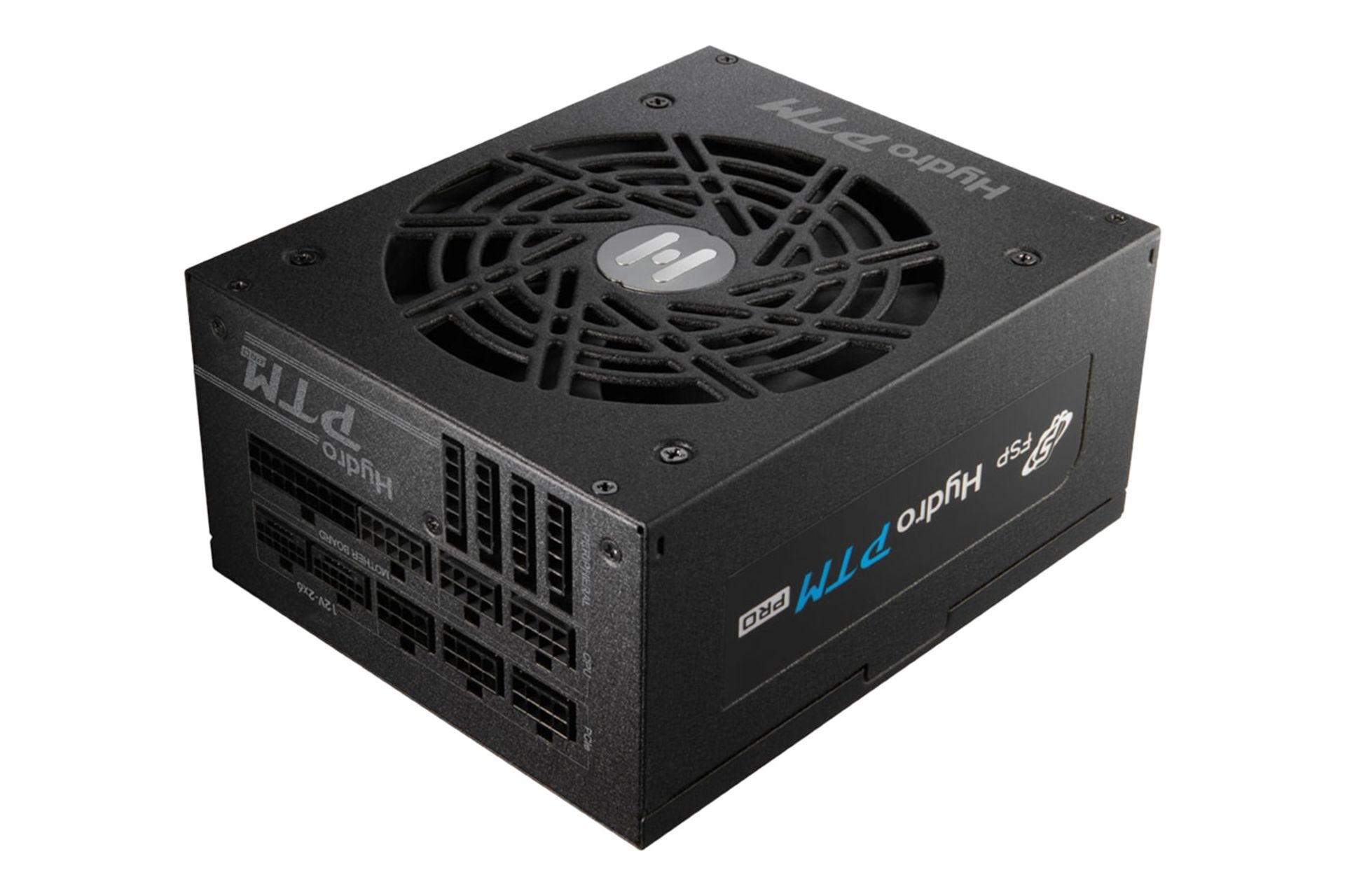 نمای نیمرخ پاور کامپیوتر اف اس پی HYDRO PTM PRO ATX3.1 با توان 1350 وات با نمایش لوگوی پنل کناری، اتصالات و فن