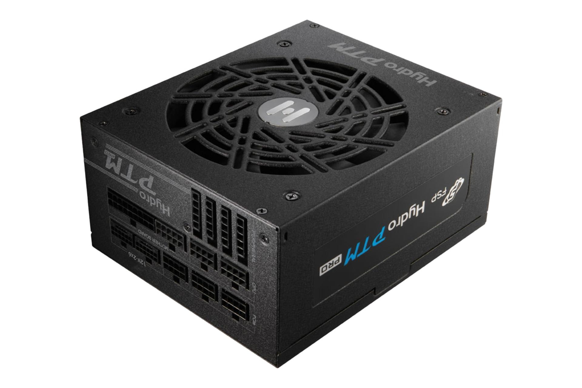 نمای نیمرخ پاور کامپیوتر اف اس پی HYDRO PTM PRO ATX3.1 با توان 1650 وات با نمایش لوگوی پنل کناری، اتصالات و فن