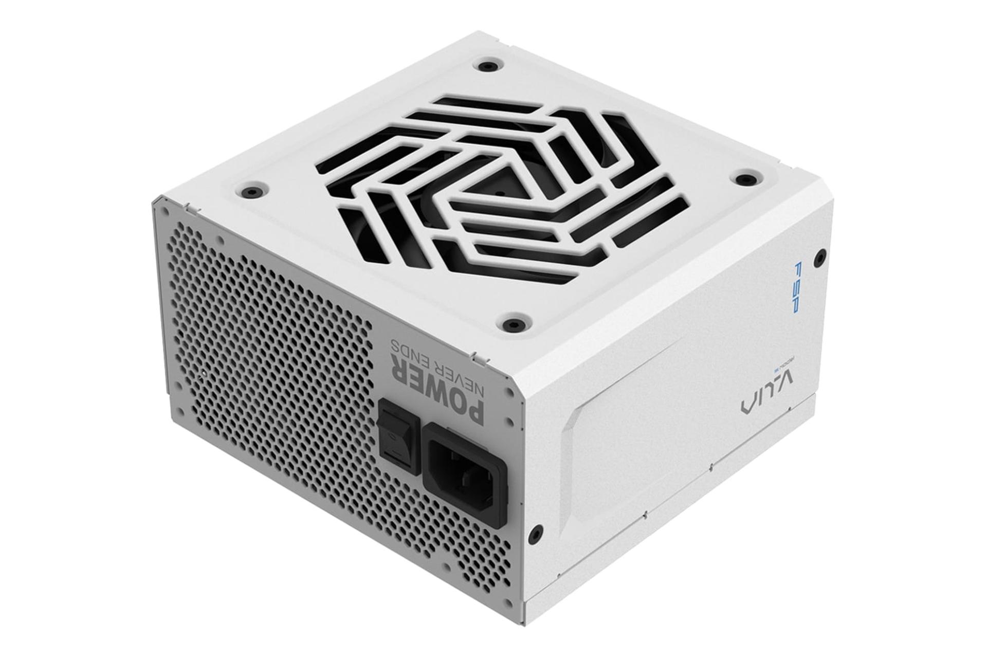 نمای نیمرخ پاور کامپیوتر اف اس پی VITA GM با توان 750 وات با نمایش لوگو، فن و درگاه برق رنگ سفید