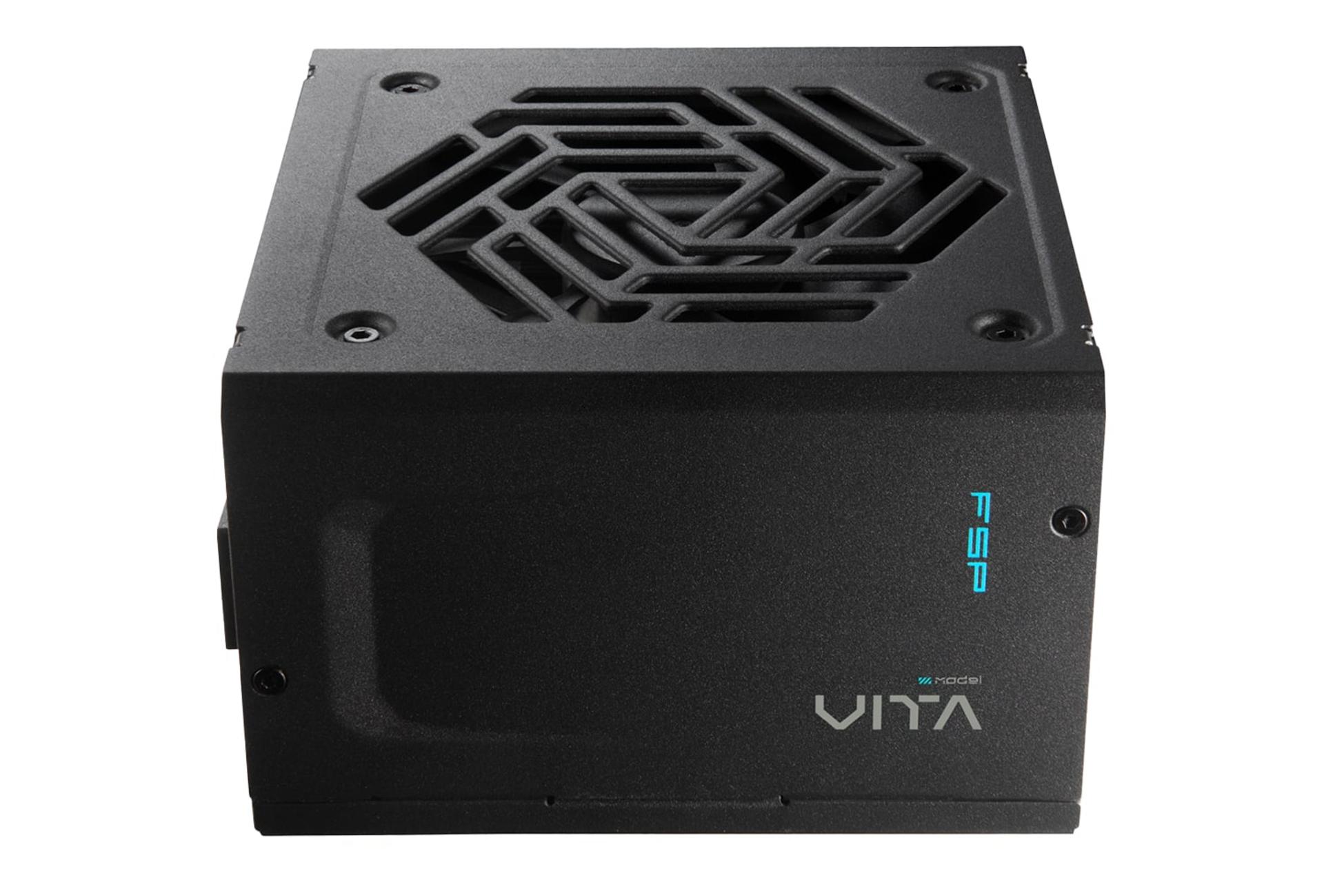 نمای پنل کناری و زیر پاور کامپیوتر اف اس پی VITA GM با توان 750 وات با نمایش لوگو و فن رنگ مشکی