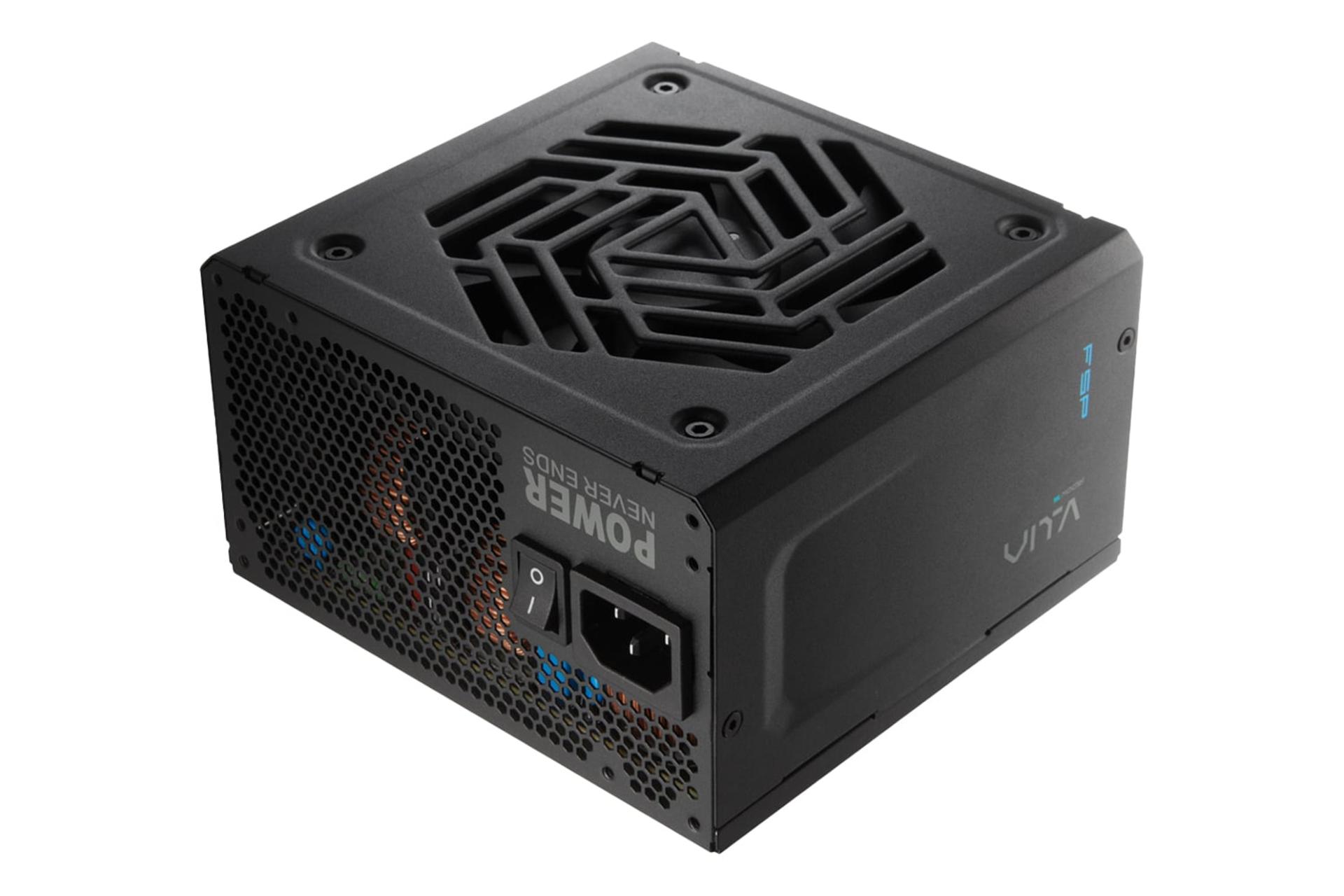 نمای نیمرخ پاور کامپیوتر اف اس پی VITA GM با توان 1000 وات با نمایش لوگو، فن و درگاه برق رنگ مشکی