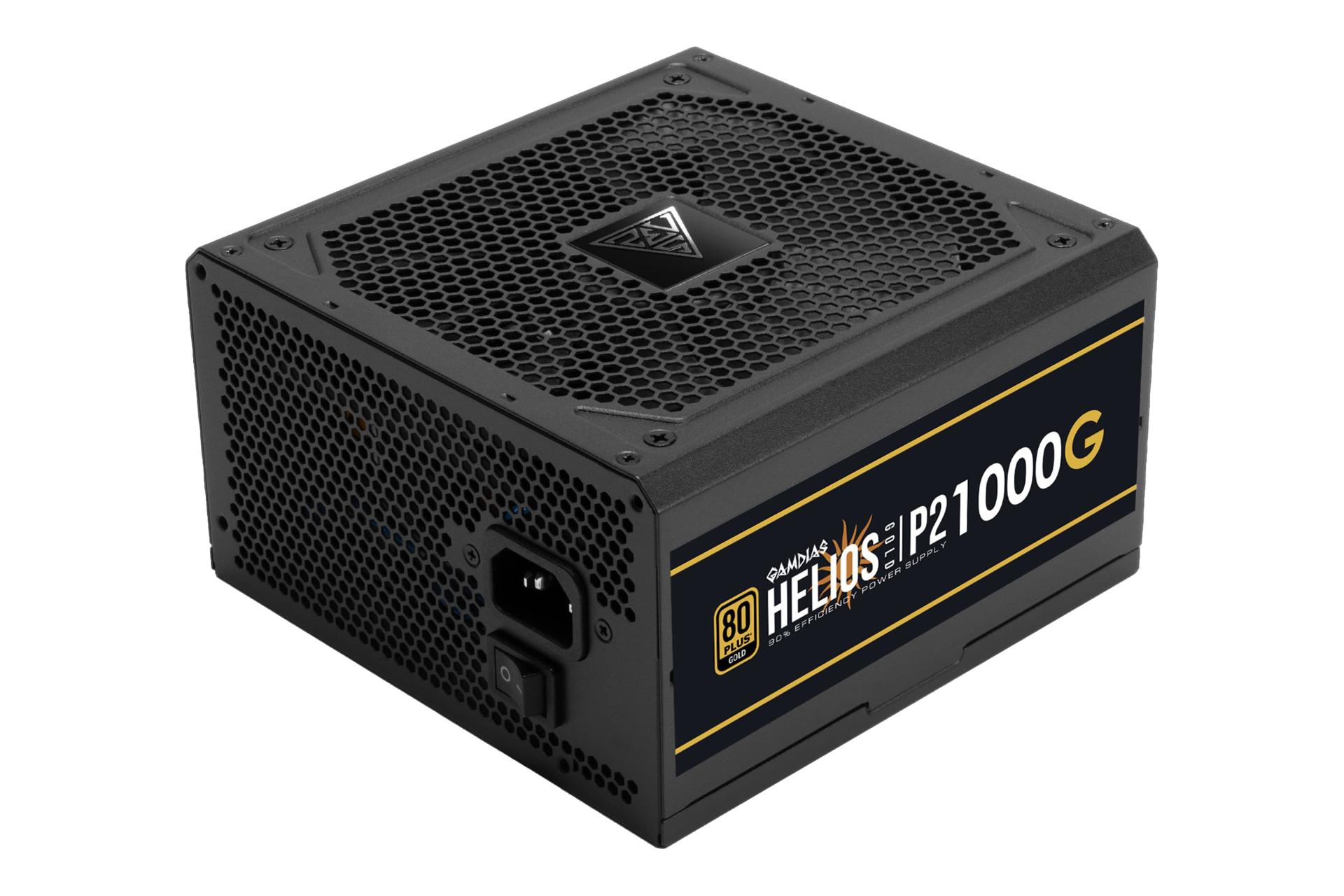 نمای نیمرخ پاور کامپیوتر گیم دیاس HELIOS P2-1000G با توان 1000 وات با نمایش لوگو، فن و درگاه برق