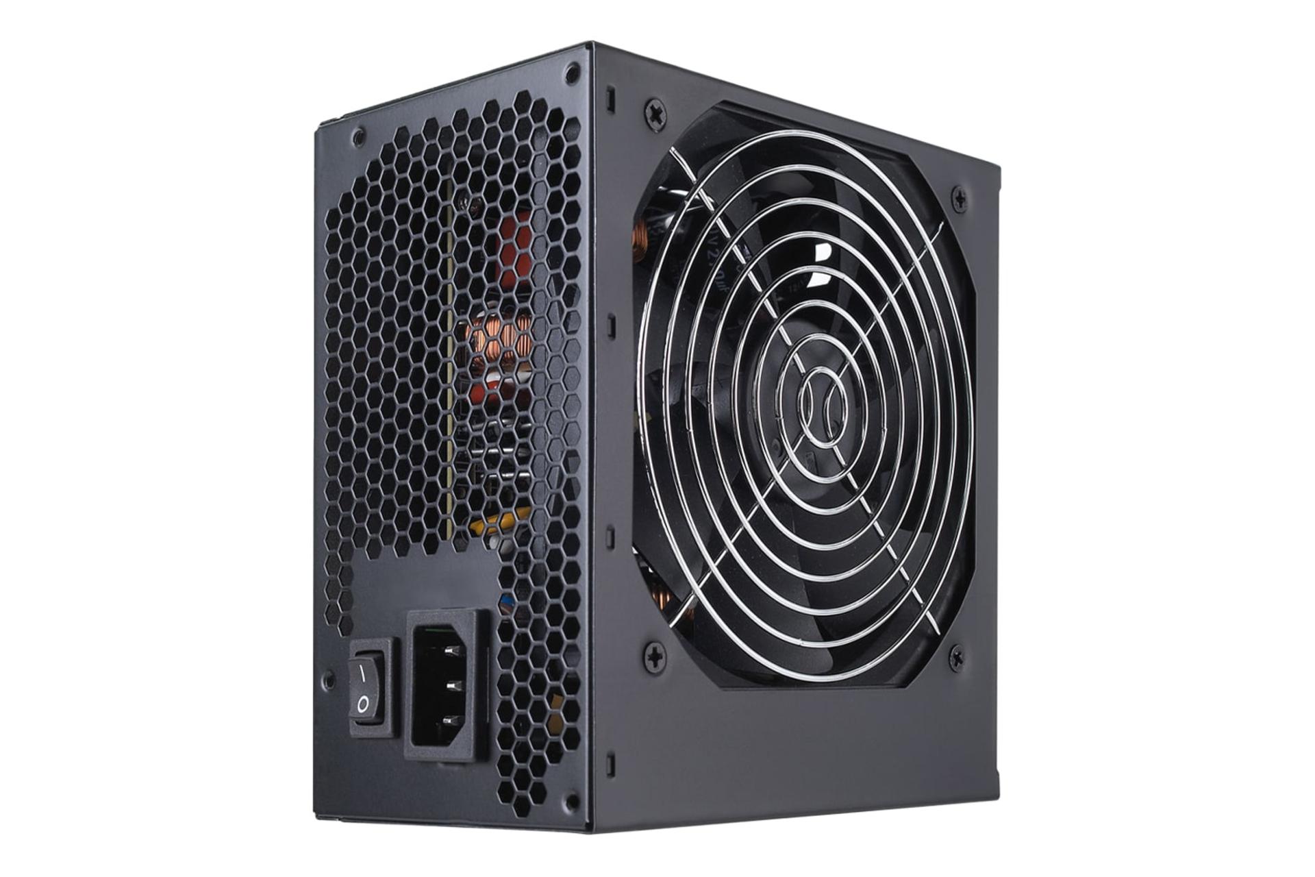 نمای نیمرخ پاور کامپیوتر اف اس پی HV + با توان 600 وات با نمایش فن و درگاه برق