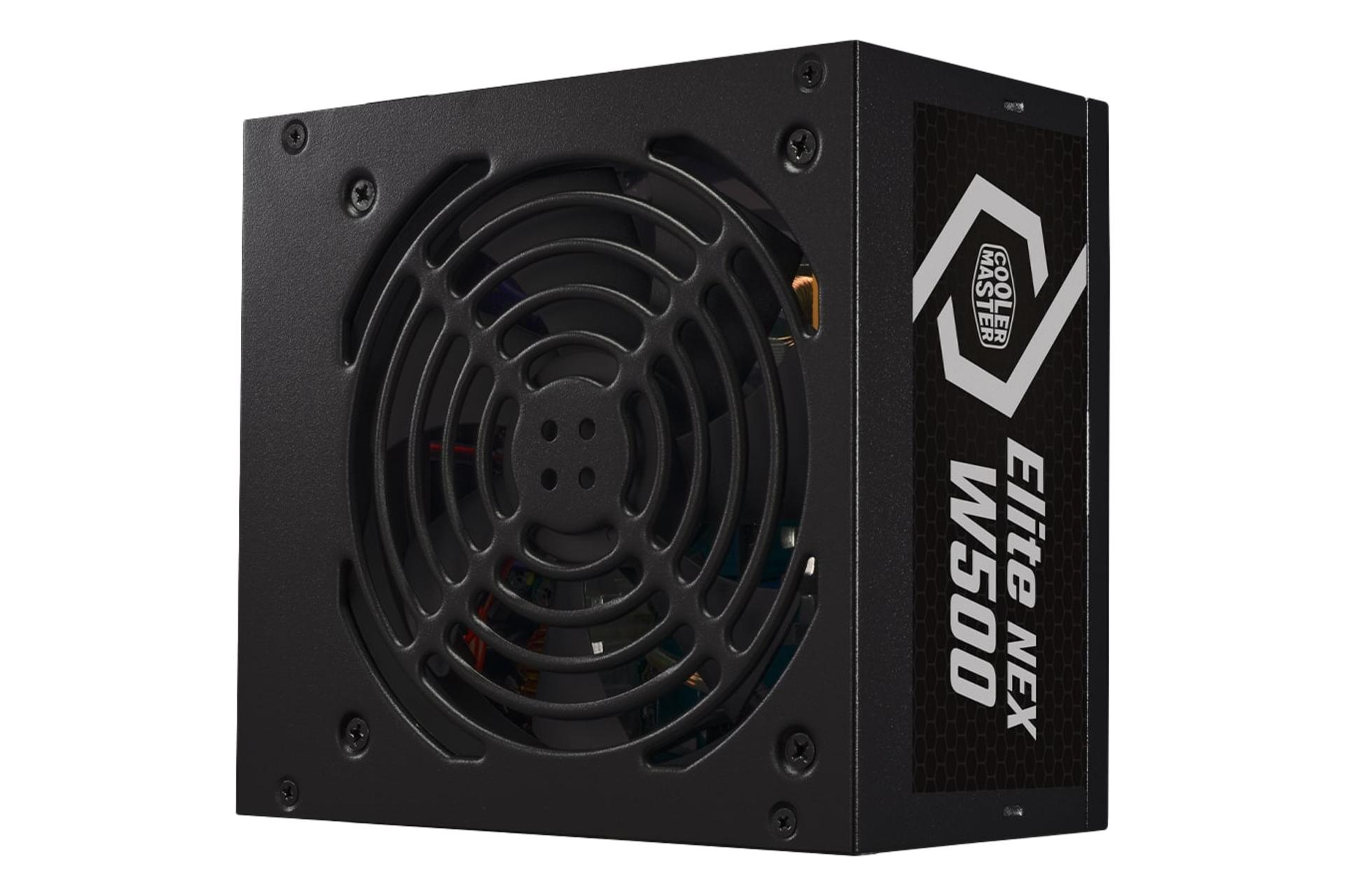 نمای نیمرخ پاور کامپیوتر کولر مستر ELITE NEX White W500 230V با توان 500 وات با نمایش فن، لوگو و پنل کناری