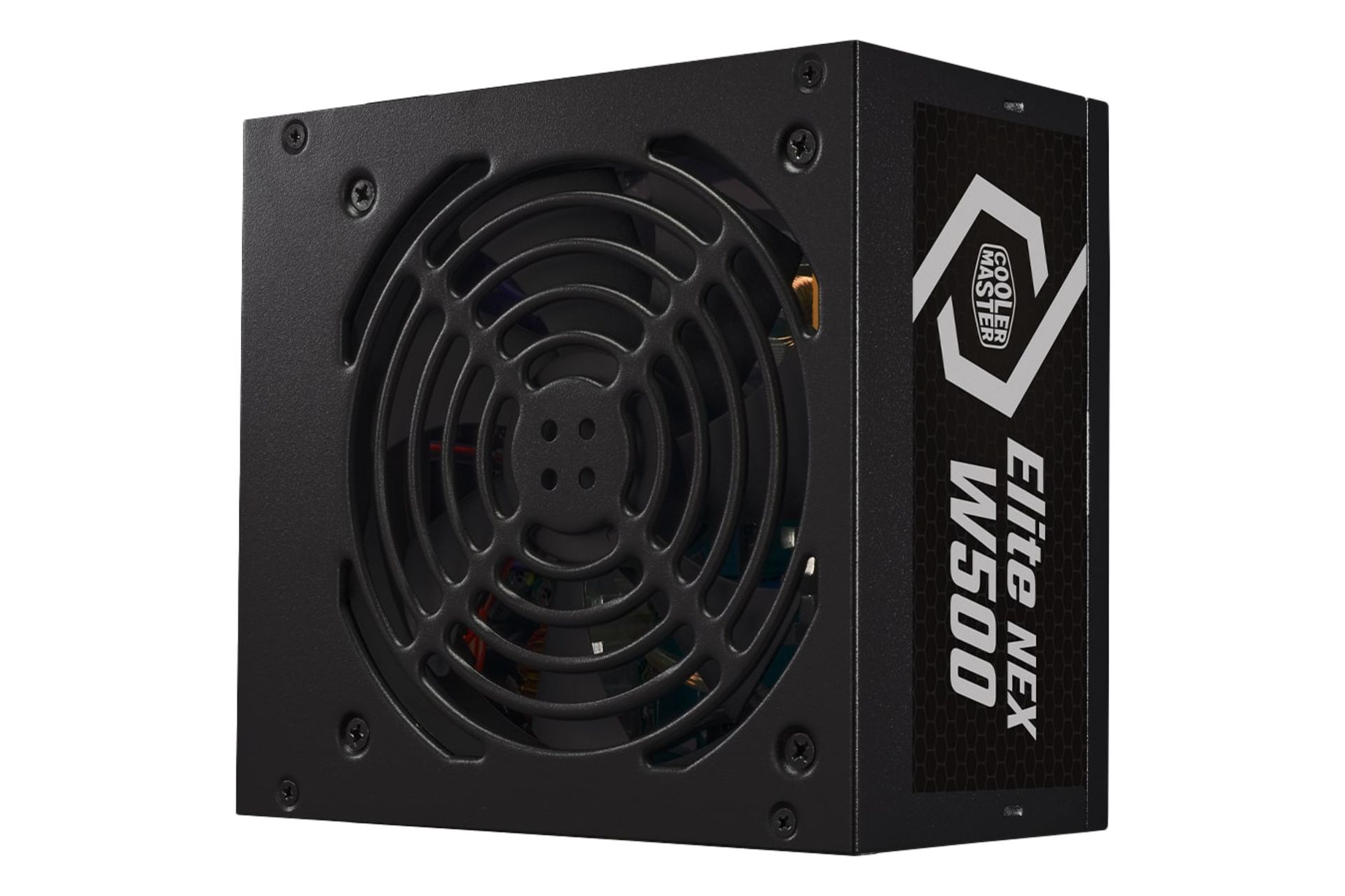 نمای نیمرخ پاور کامپیوتر کولر مستر ELITE NEX White W500 230V با توان 500 وات با نمایش فن، لوگو و پنل کناری