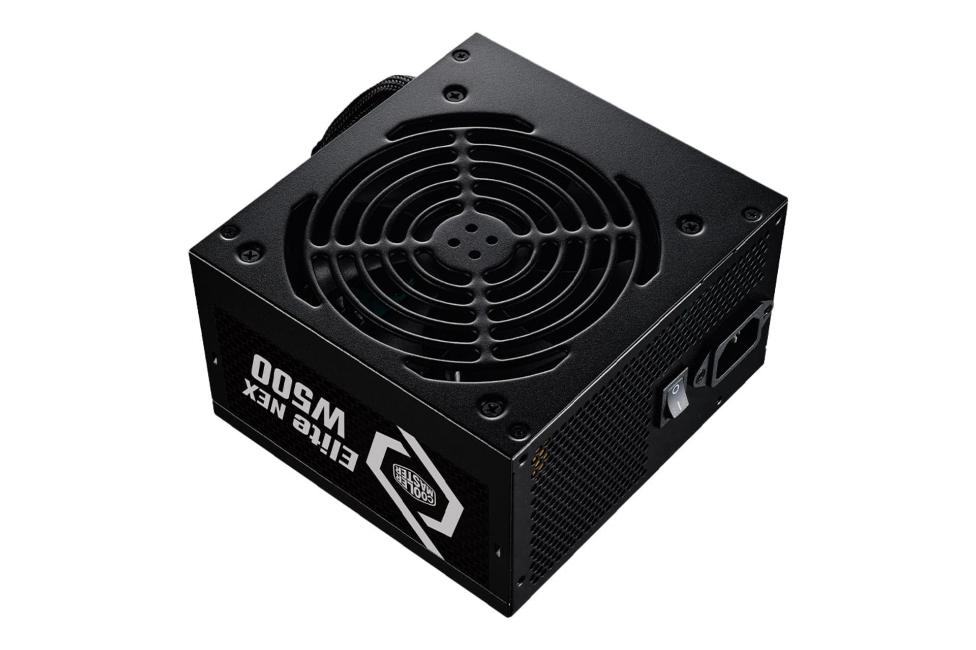 نمای نیمرخ پاور کامپیوتر کولر مستر ELITE NEX White W500 230V با توان 500 وات با نمایش درگاه، سوییچ برق و فن