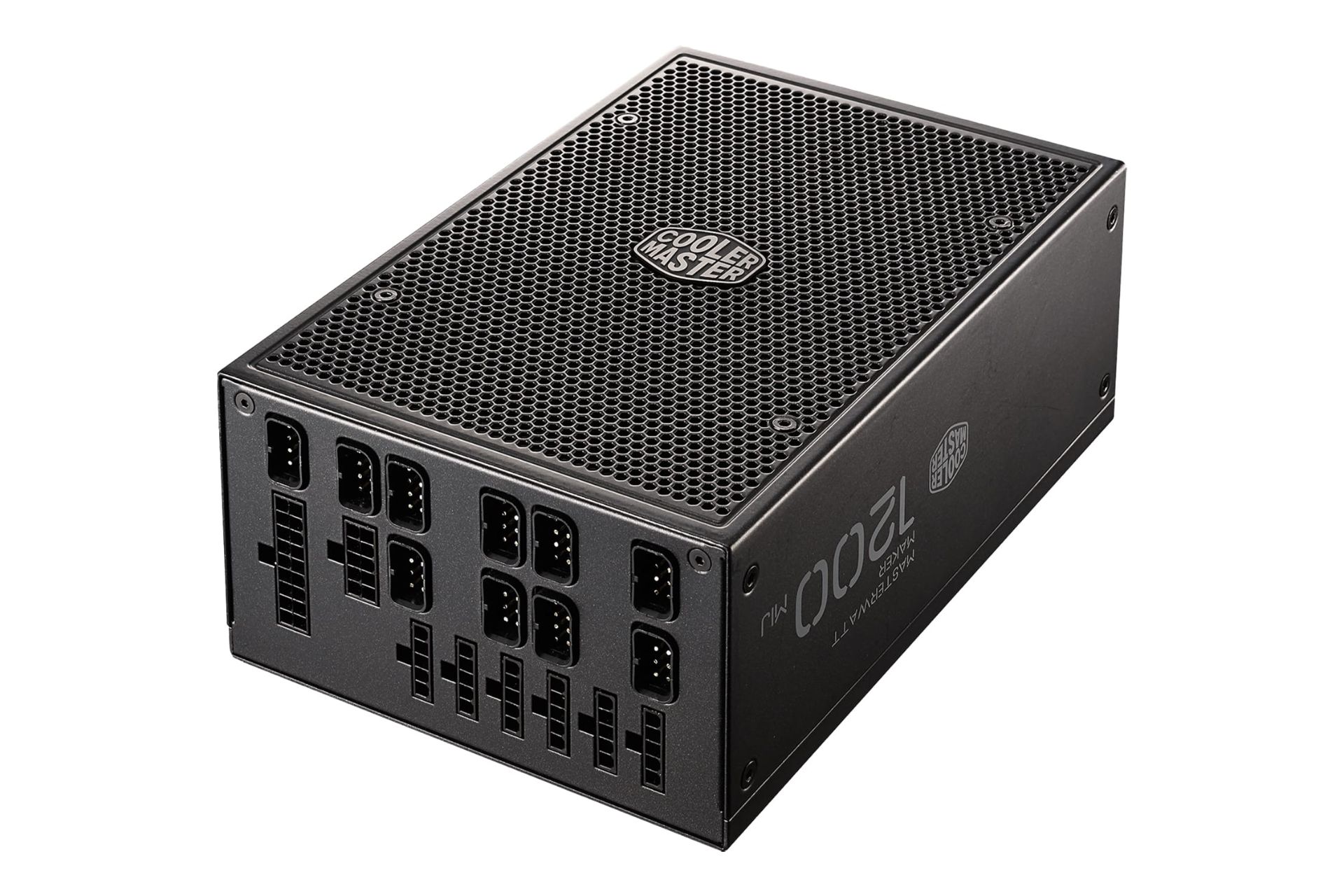 نمای نیمرخ پاور کامپیوتر کولر مستر MasterWatt Maker 1200 MIJ با توان 1200 وات با نمایش اتصالات، فن و پنل سمت چپ