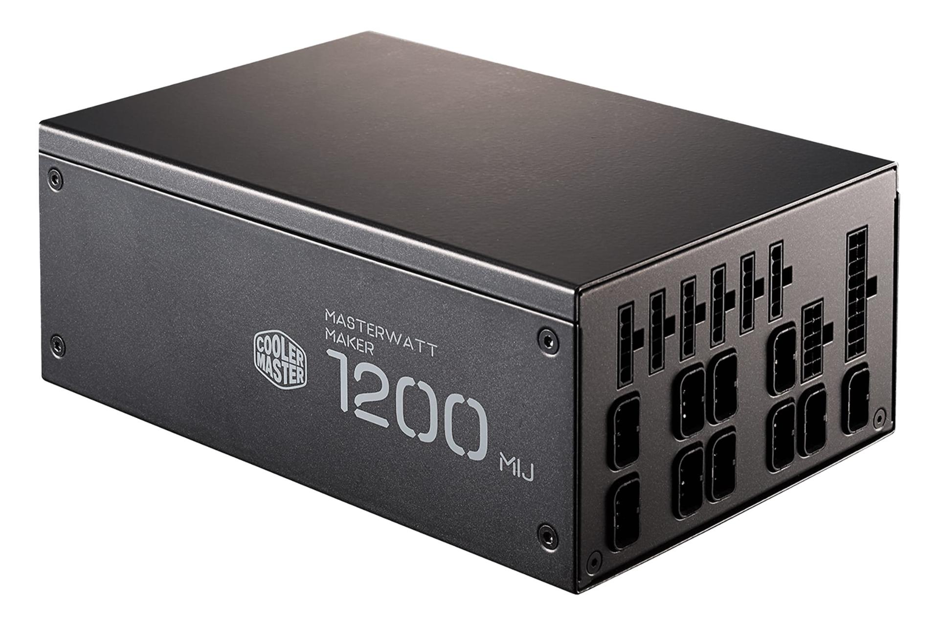 نمای نیمرخ پاور کامپیوتر کولر مستر MasterWatt Maker 1200 MIJ با توان 1200 وات با نمایش اتصالات و پنل بالا