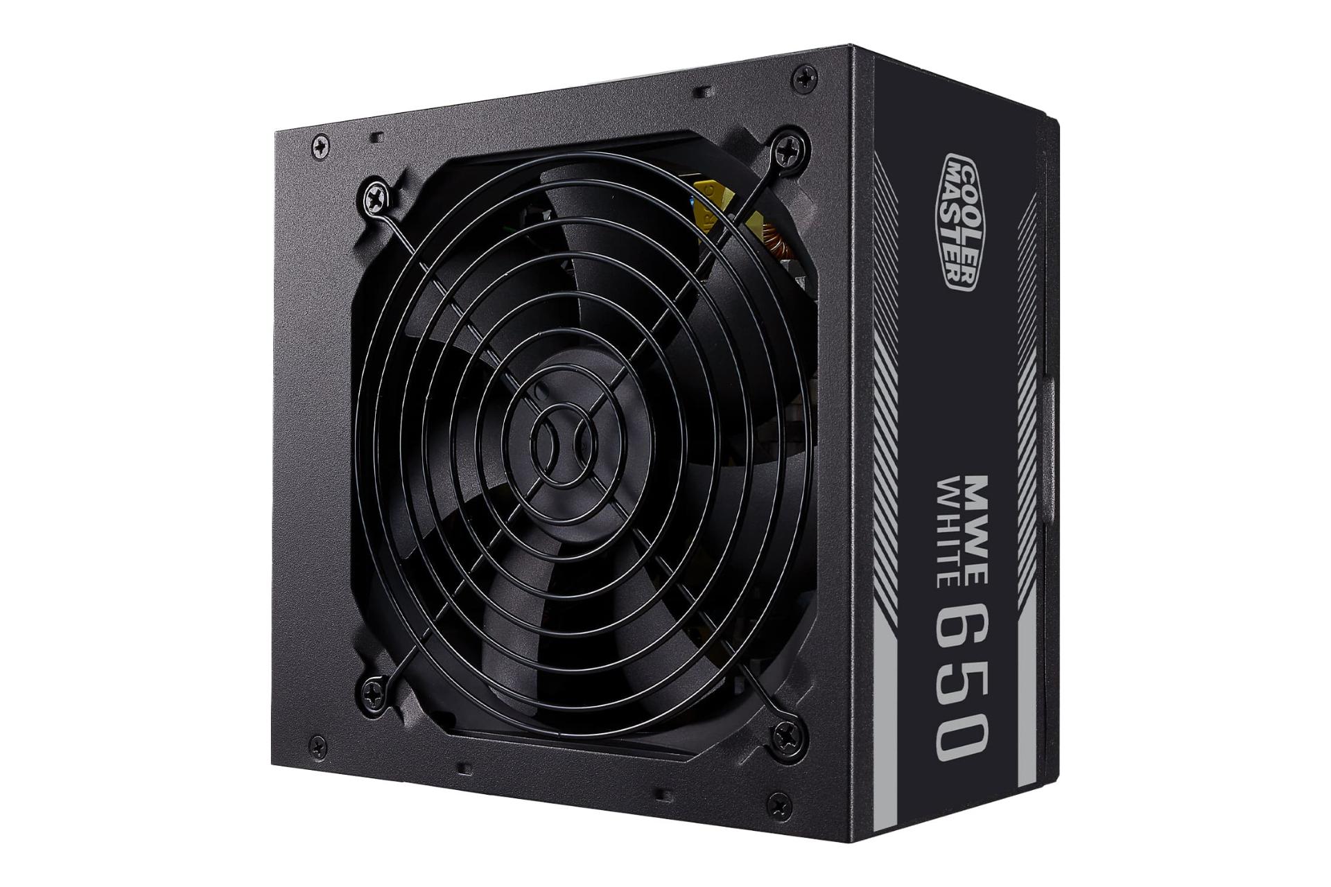 نمای نیمرخ پاور کامپیوتر کولر مستر MWE 650 White V2 با توان 650 وات با نمایش فن و لوگو