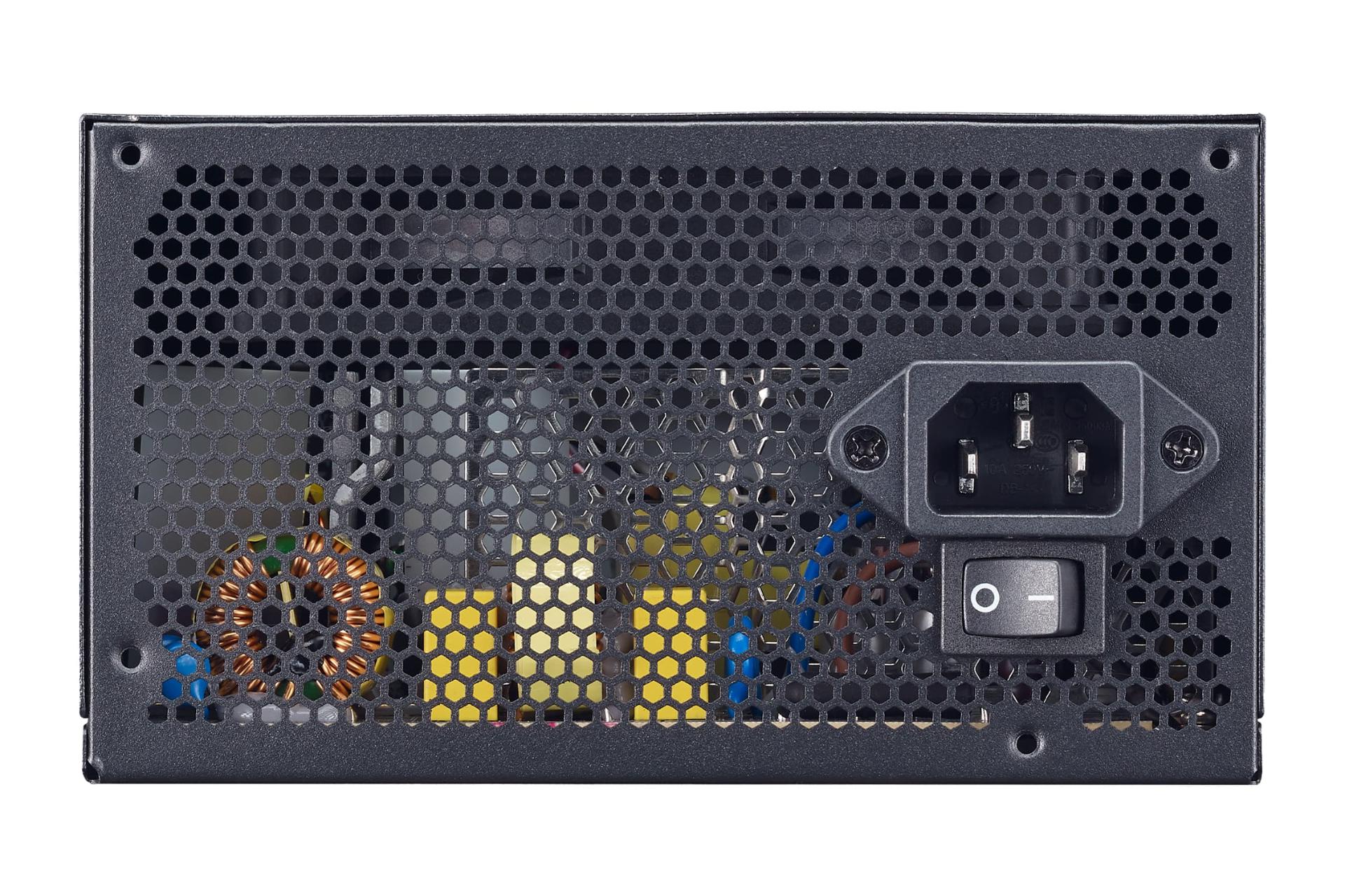 نمای پنل پشت پاور کامپیوتر کولر مستر MWE 650 White V2 با توان 650 وات با نمایش درگاه و سوییچ برق