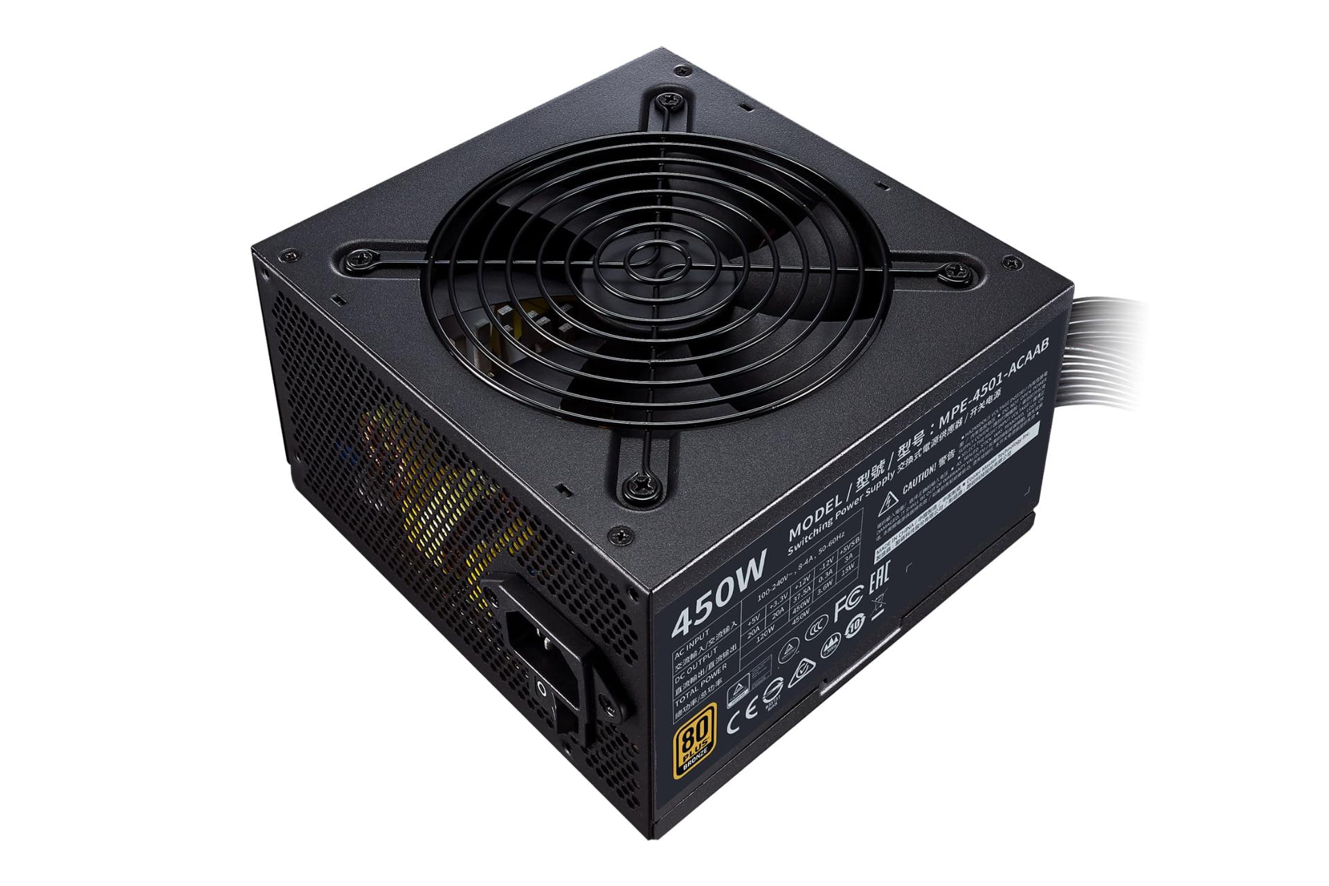 نمای نیمرخ پاور کامپیوتر کولر مستر MWE 450 BRONZE V2 با توان 450 وات با نمایش برچسب اطلاعات و فن