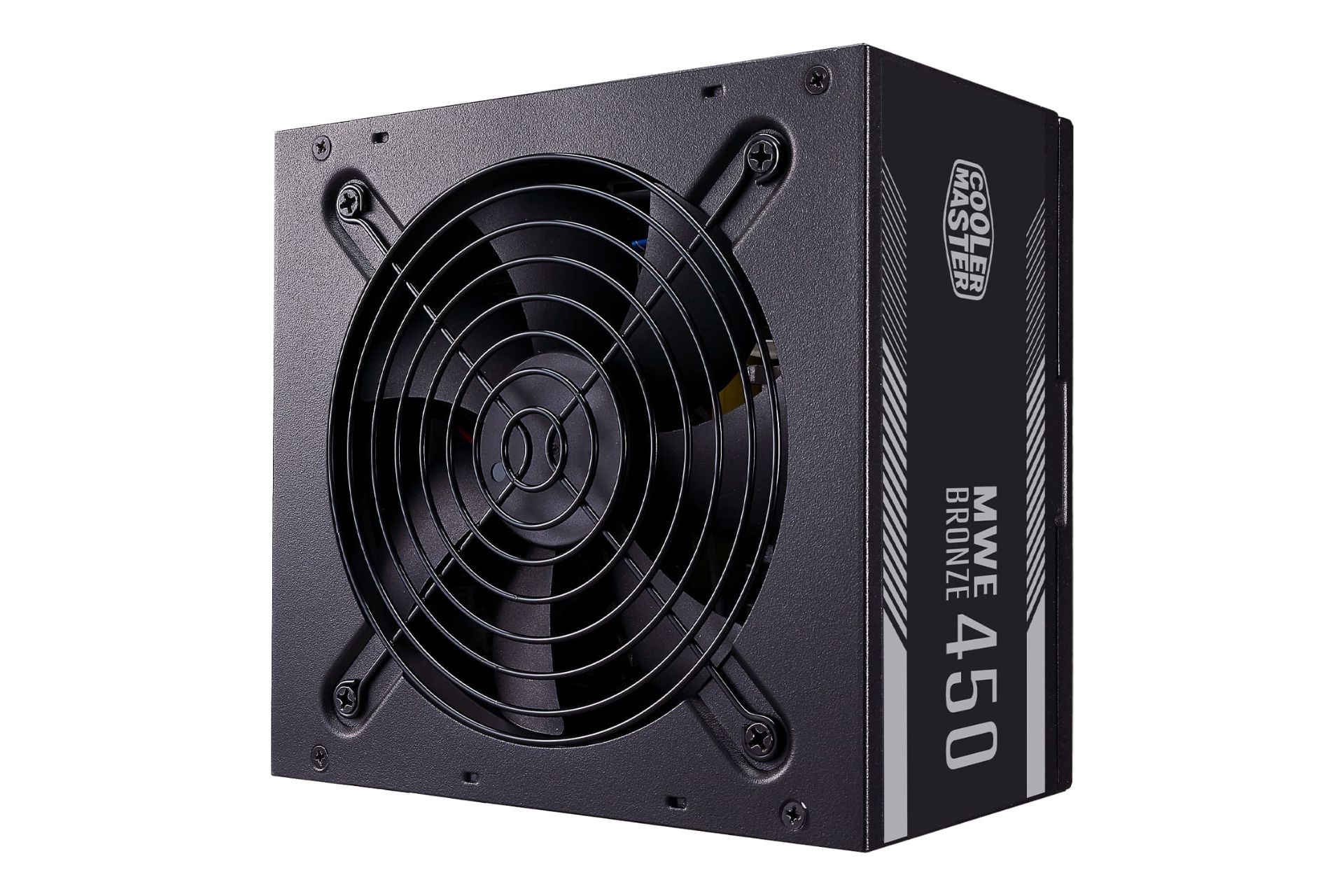 نمای نیمرخ پاور کامپیوتر کولر مستر MWE 450 BRONZE V2 با توان 450 وات با نمایش فن و پنل کناری